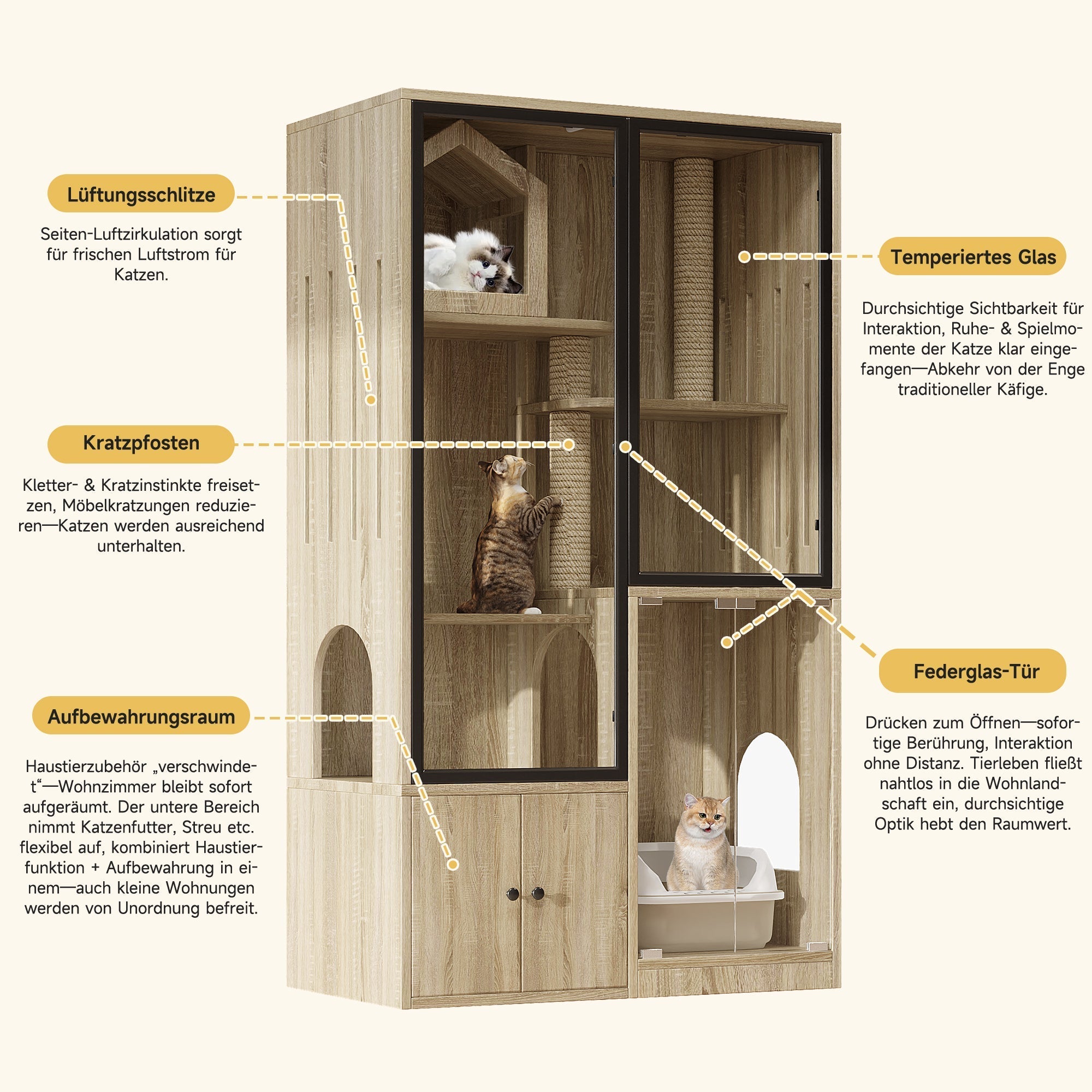 4-Story Glass Cat House Cage Winterproof 90x50x160cm - Natural Wood Color