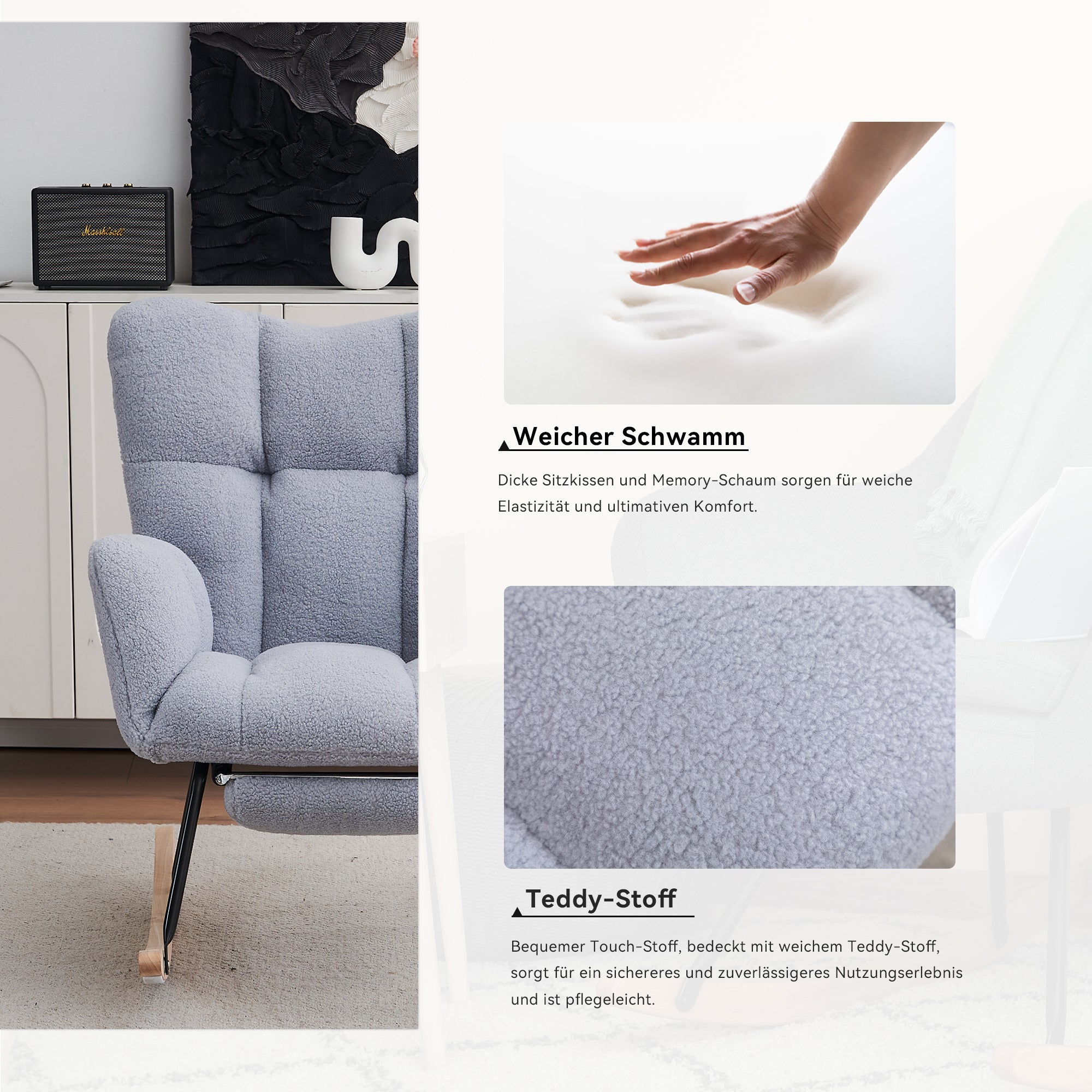 009B Rocking Chair Modern Extendable Footrest, Teddy Fabric Grey