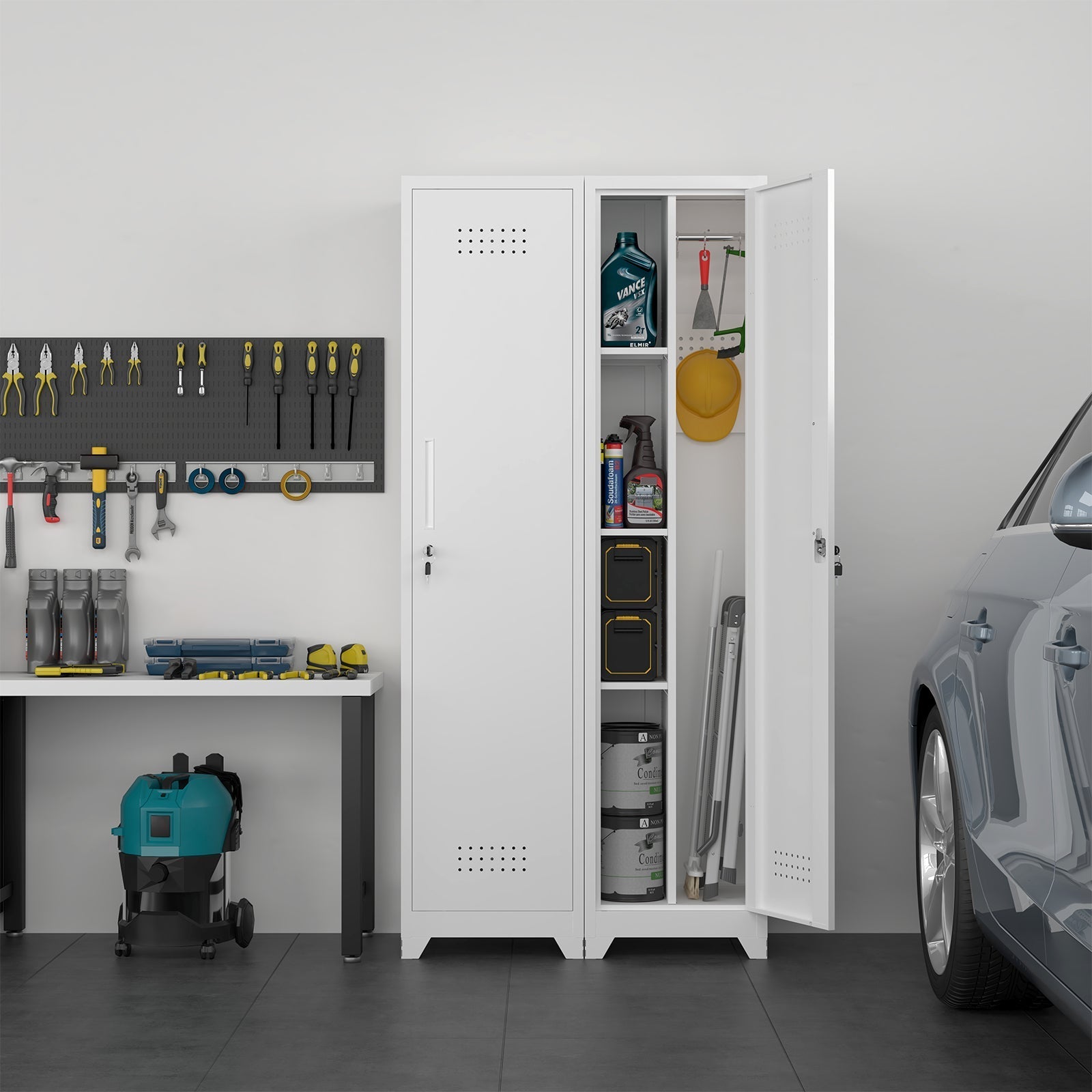 Slim Broom Storage Cabinet with Shelves, Hanging Rod and Locking Door, Metal