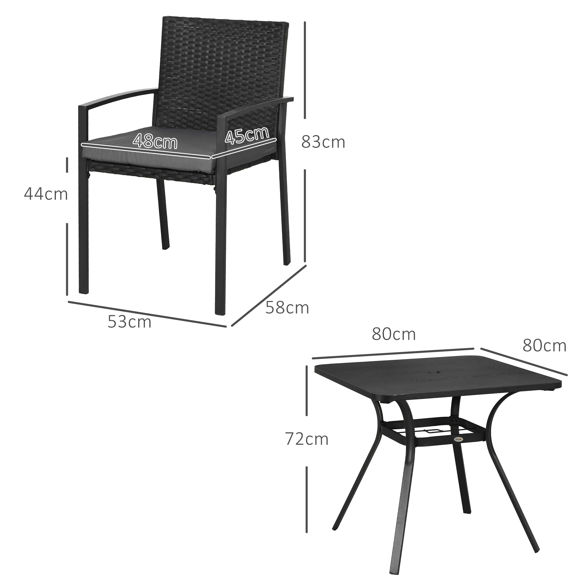 Five-Piece Garden Dining Set with Rattan Seat Chairs and Cushions - Black