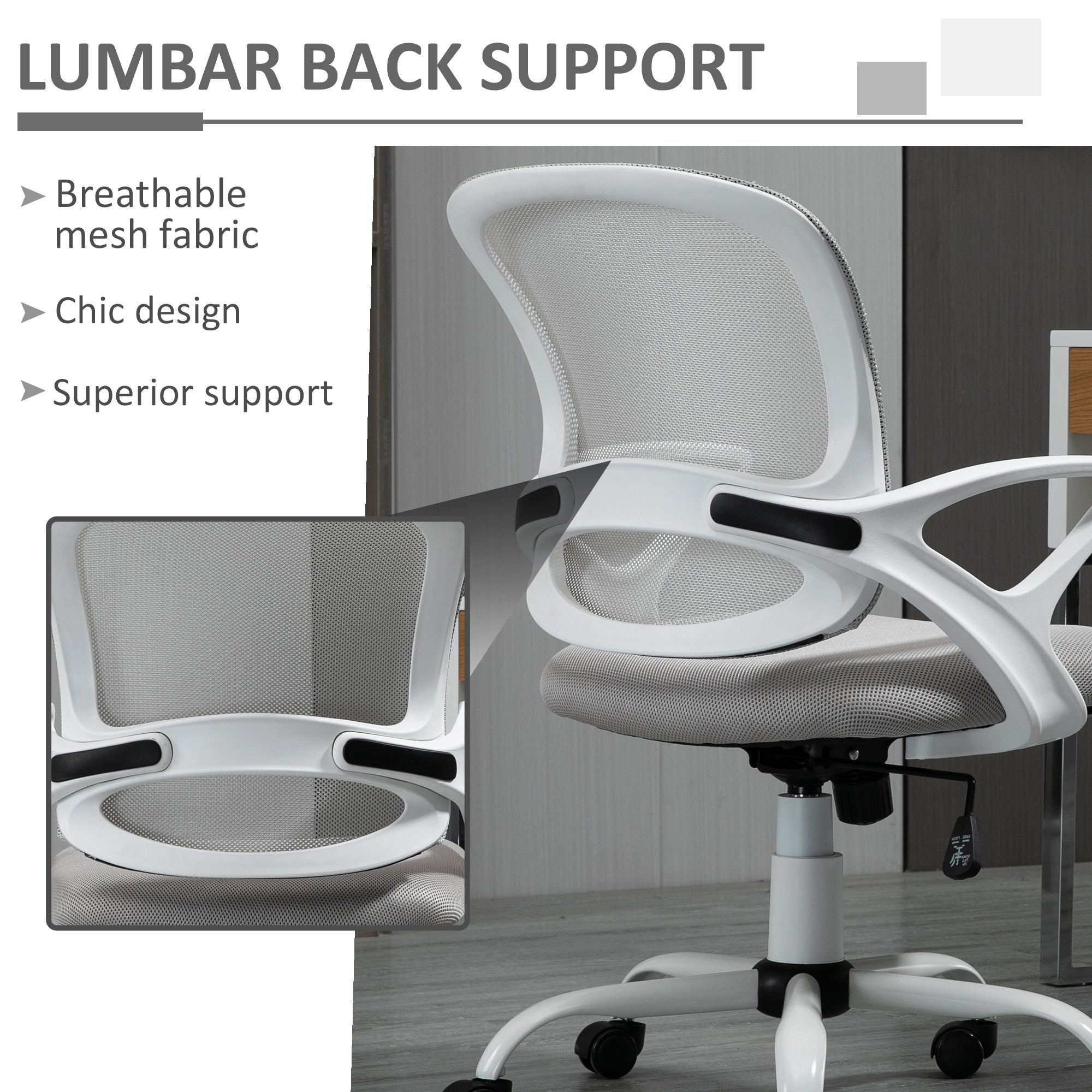 Office Chair Swivel Desk with Lumbar Support Adjustable Height Mesh Grey