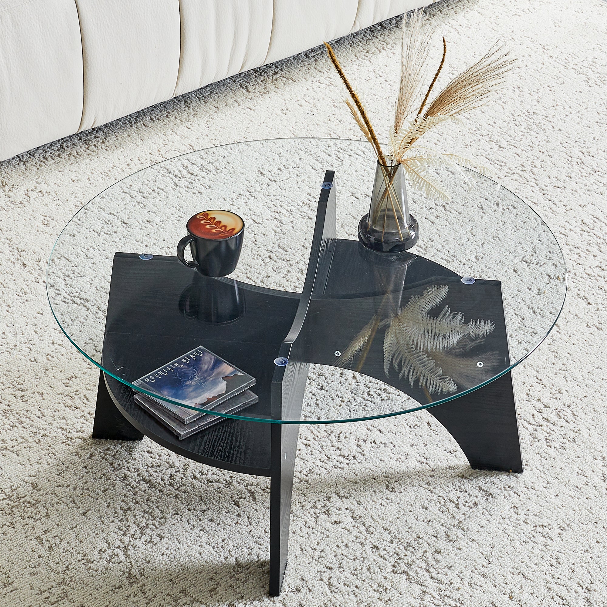 Modern Round Side Table Ø 80 cm Safety Glass Fan-Shaped MDF Legs - Black Wood Look