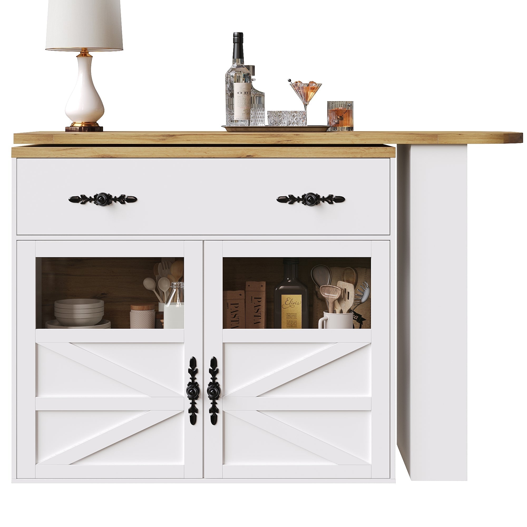 Extendable Bar Table 360° Rotating Storage Shelves - White