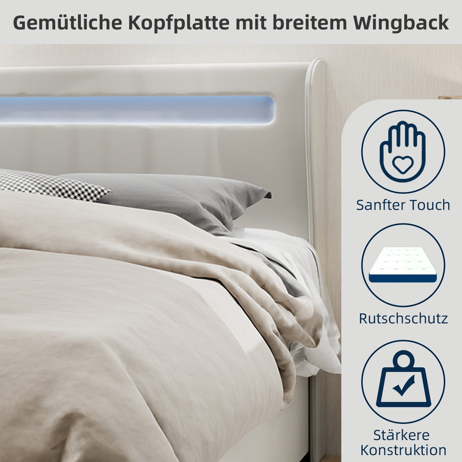 Modern Minimalist Upholstered Bed with LED Headboard, 140x200 cm, Beige