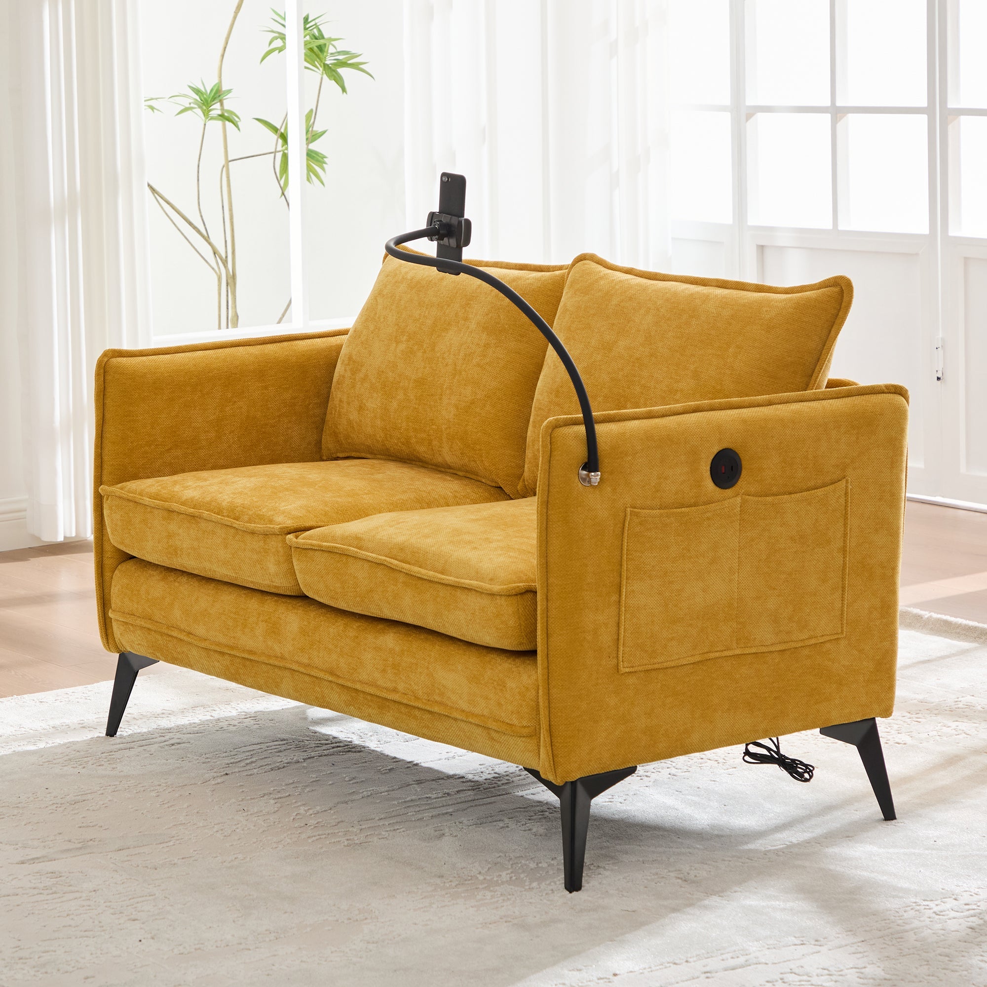 Modern Double Sofa with Storage Side Pocket and Adjustable Phone Holder, Fabric