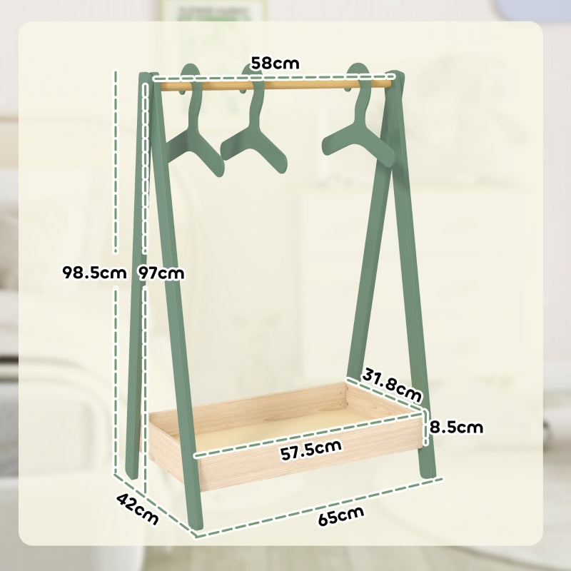 Kids Clothes Rail, 3 Hangers Bottom Storage Shelf, Green