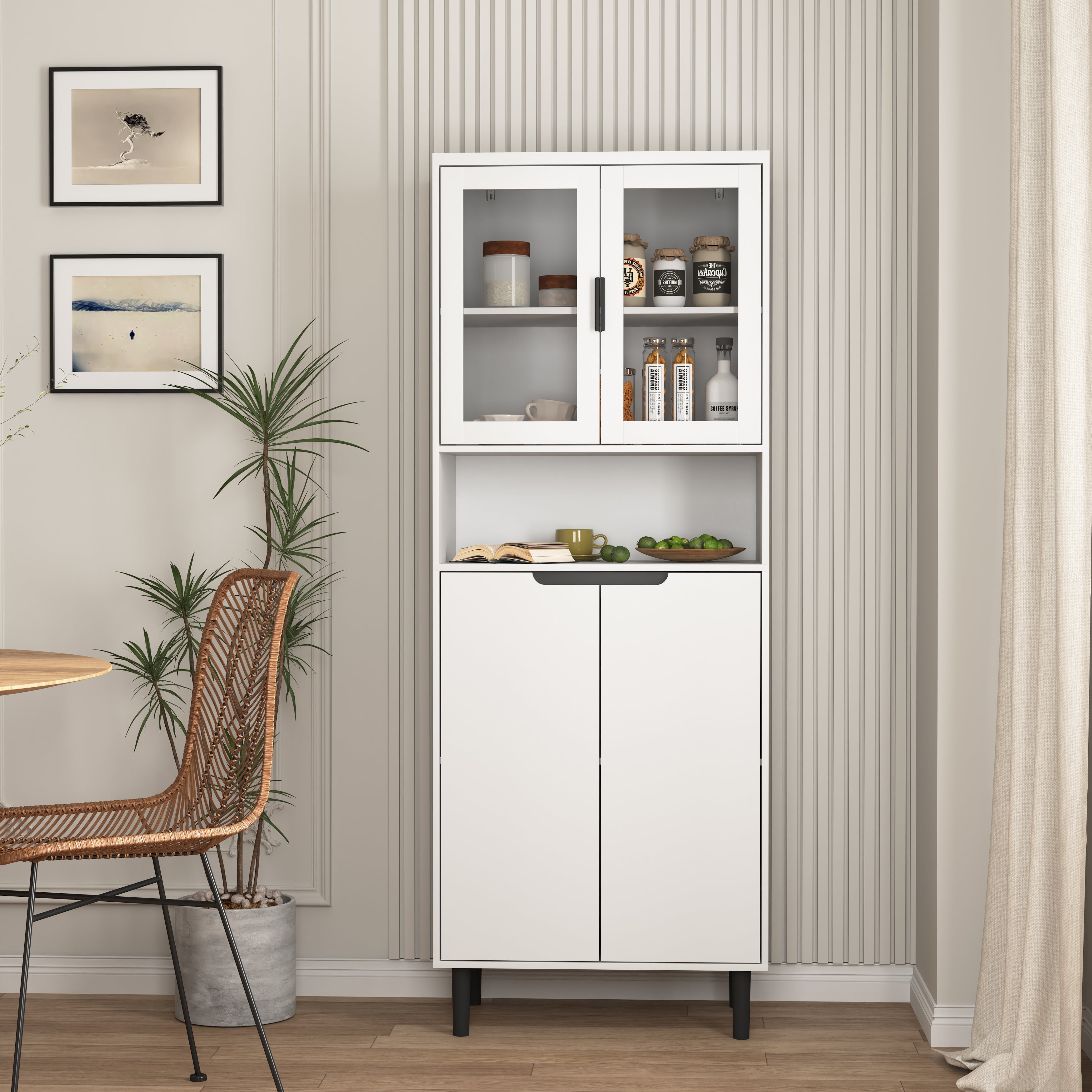 Tall Bookcase 4-Door Tempered Glass Adjustable Shelf - White