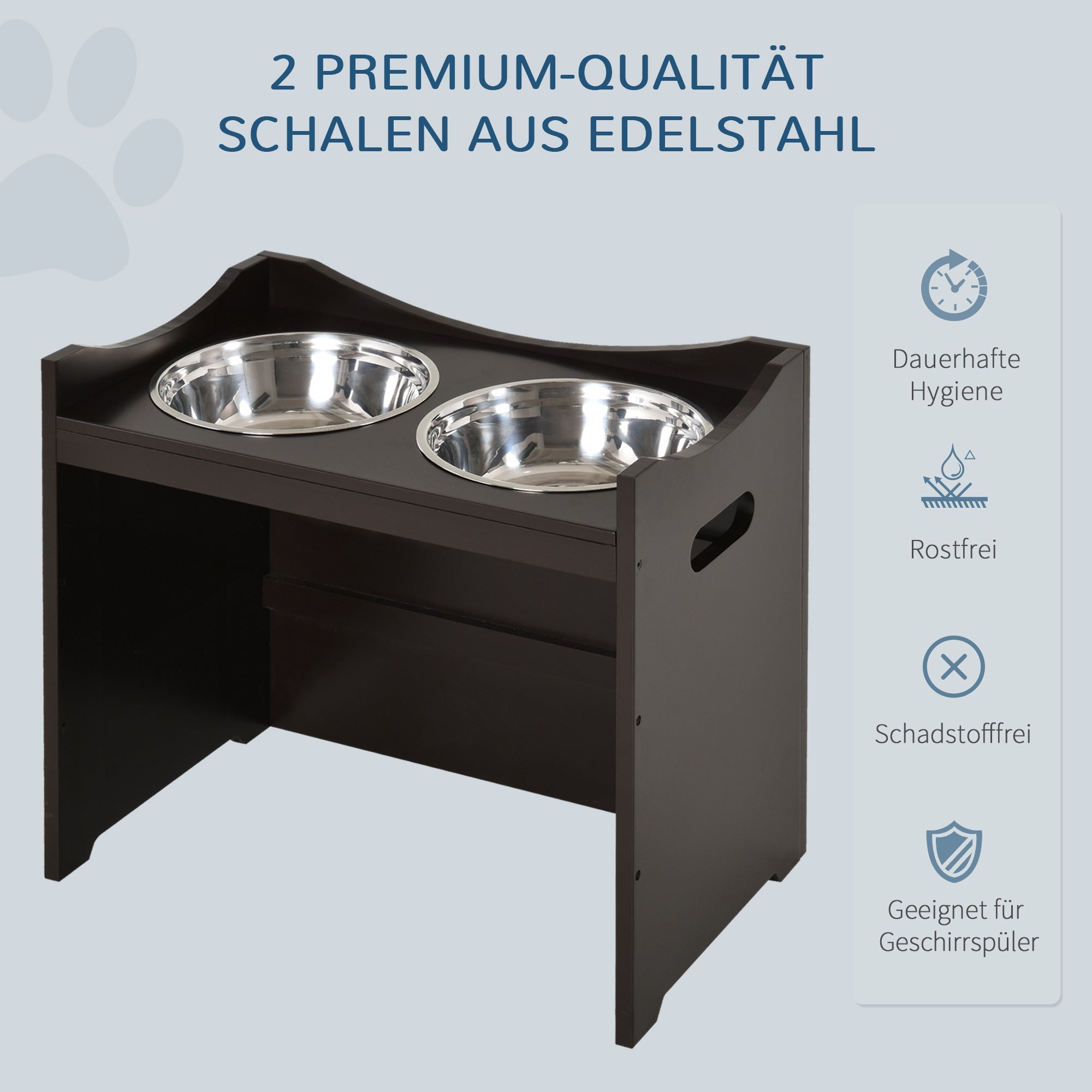 Dog Bowl Feeding Station, Height-Adjustable, Stainless Steel, Dark Brown MDF