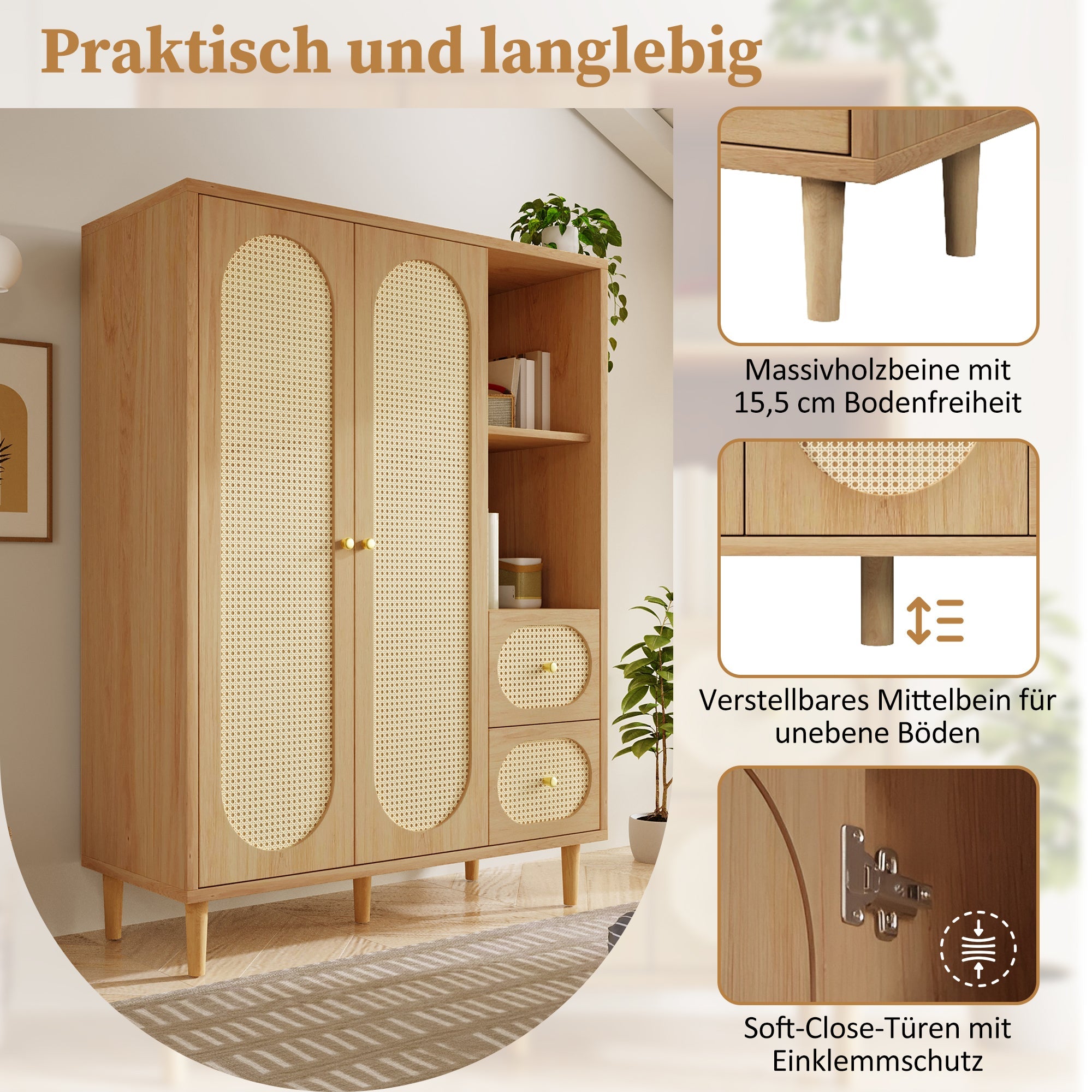 Country-Style Wardrobe with 2 Doors, 2 Drawers and Open Shelves, 161x120x44cm, Oak Wood