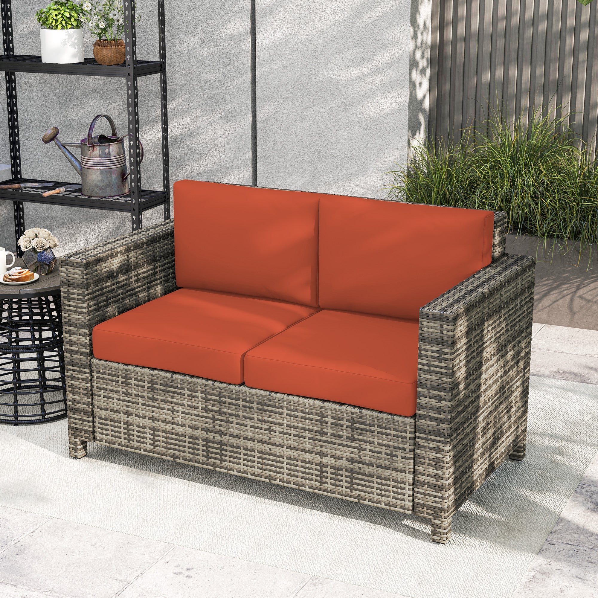 Rattan Sofa, 2 Seater Garden Loveseat with Cushions, Wicker, Grey