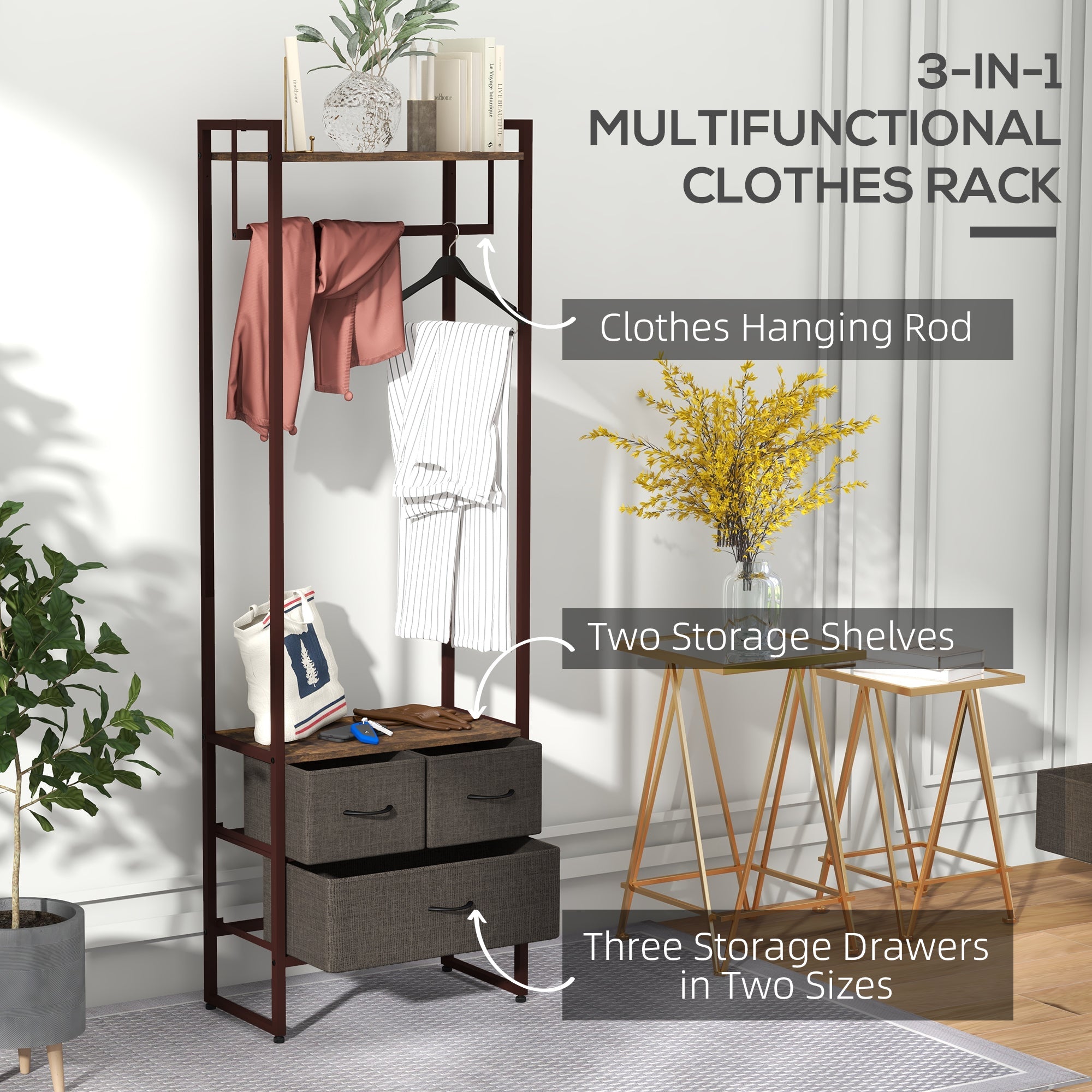 Compact Clothes Rail, Drawers and Shelf, Rustic Brown Engineered Wood