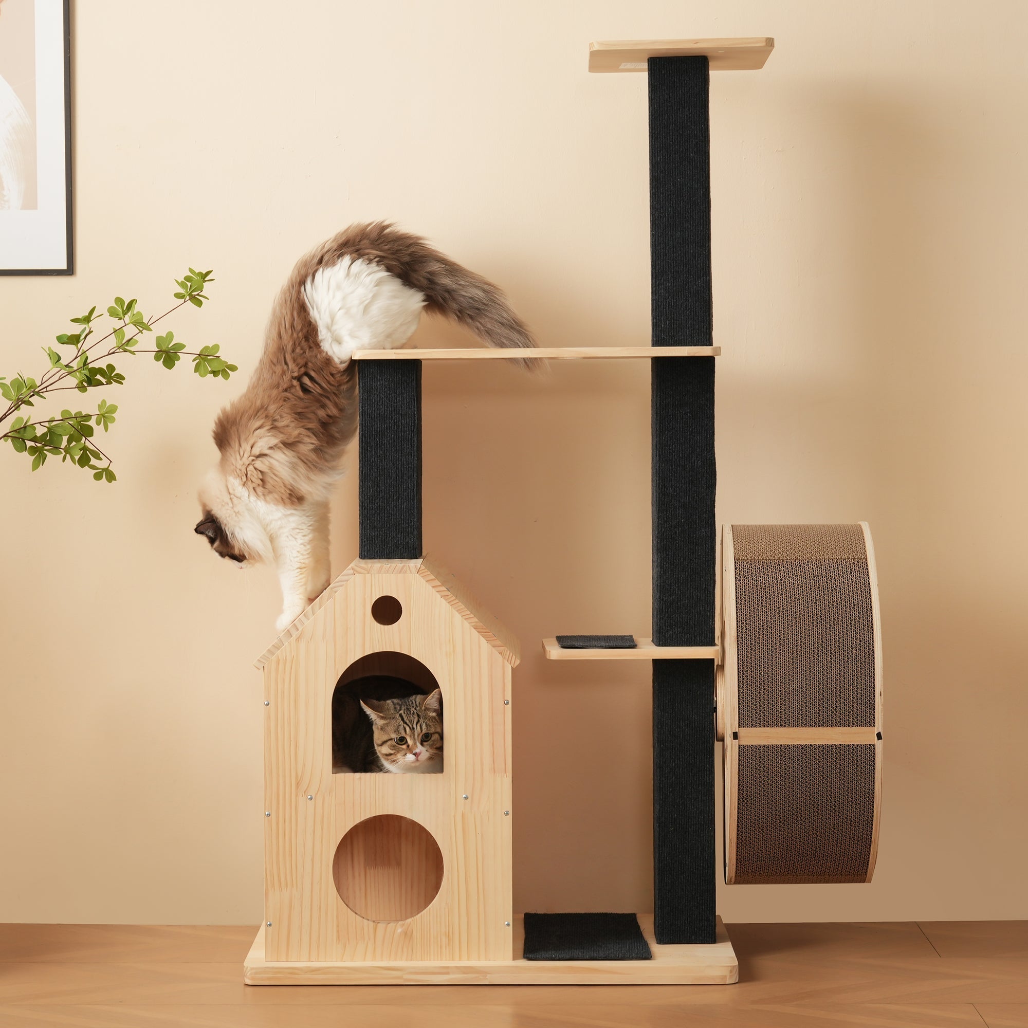 Solid Wood Cat Tree with Exercise Wheel, 4 Platforms, 2 Houses, Sisal Posts, 80×40×152 cm