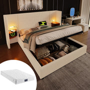 Upholstered Bed, 160x200, Storage, Lamp, USB-C, Beige-White Corduroy