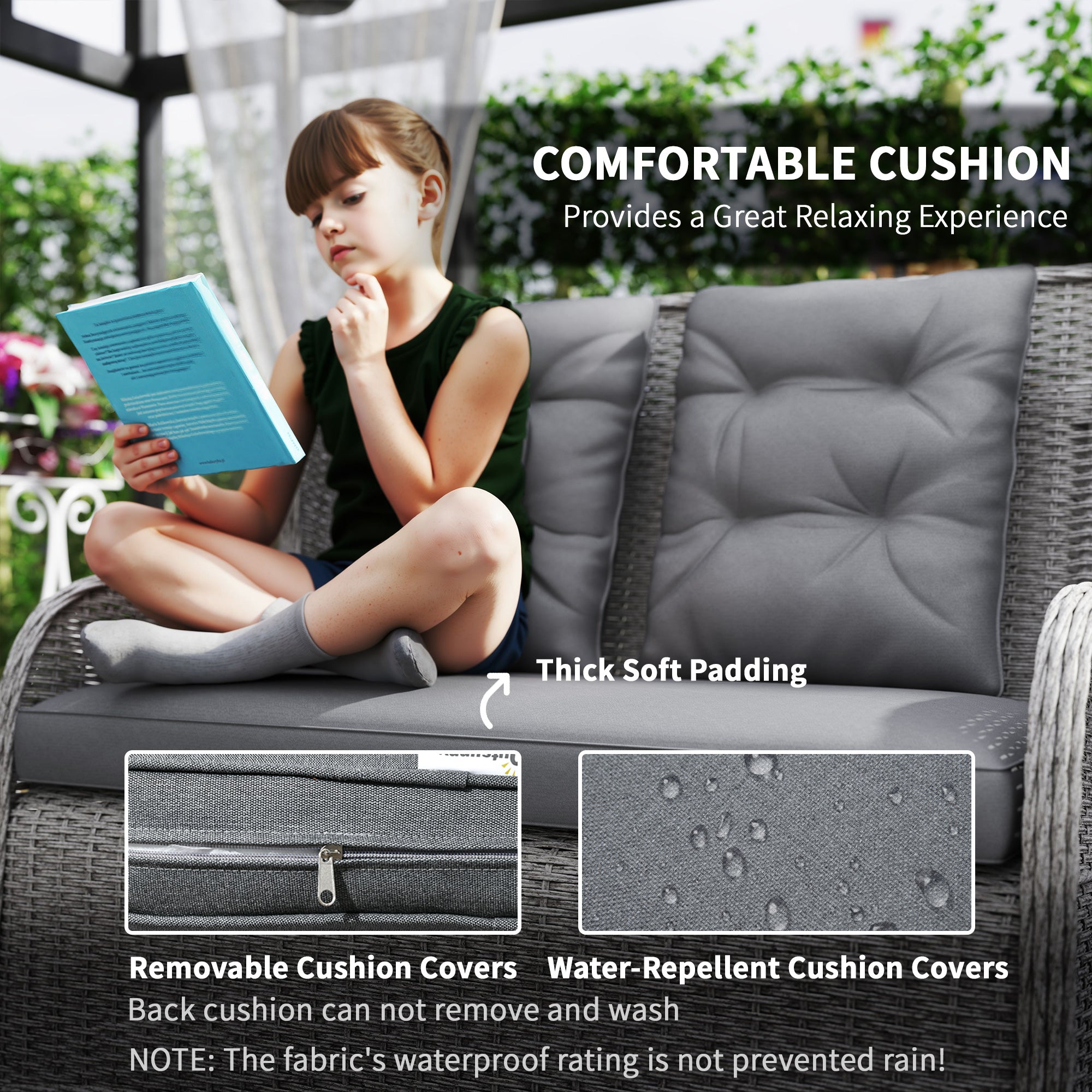 Garden PE Rattan Dining Sofa Set, 4 Seater High Back Wicker Chairs and Glass Table, Light Grey