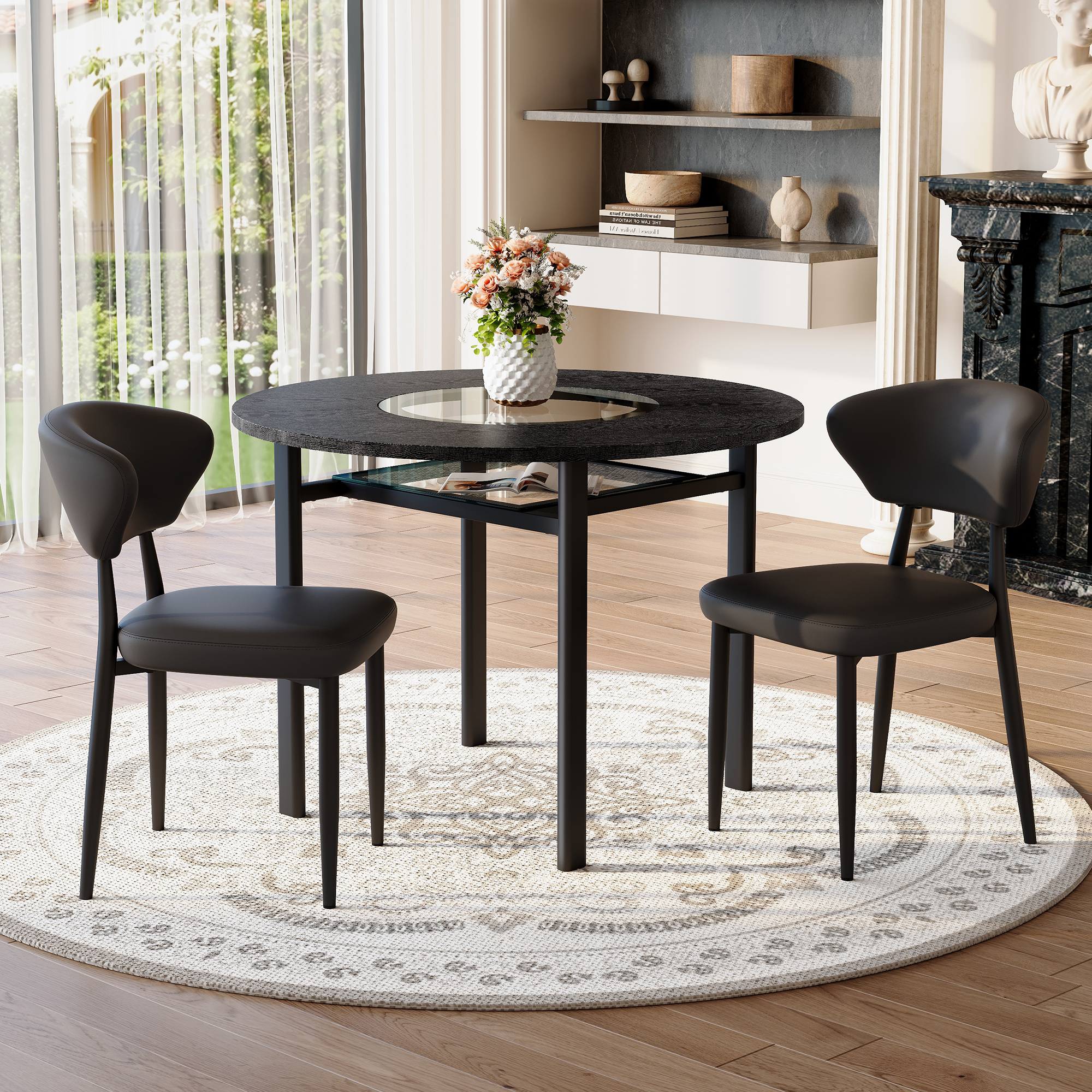 Minimalist Round Table Set 100cm Table 2 PU Armchairs Black Wood Look