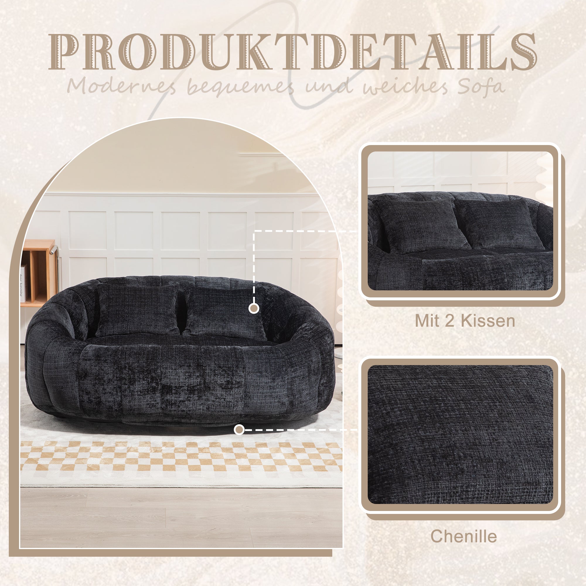 Bean Bag Sofa Lounger High Back Accent Chair Indoor/Outdoor, Black Chenille