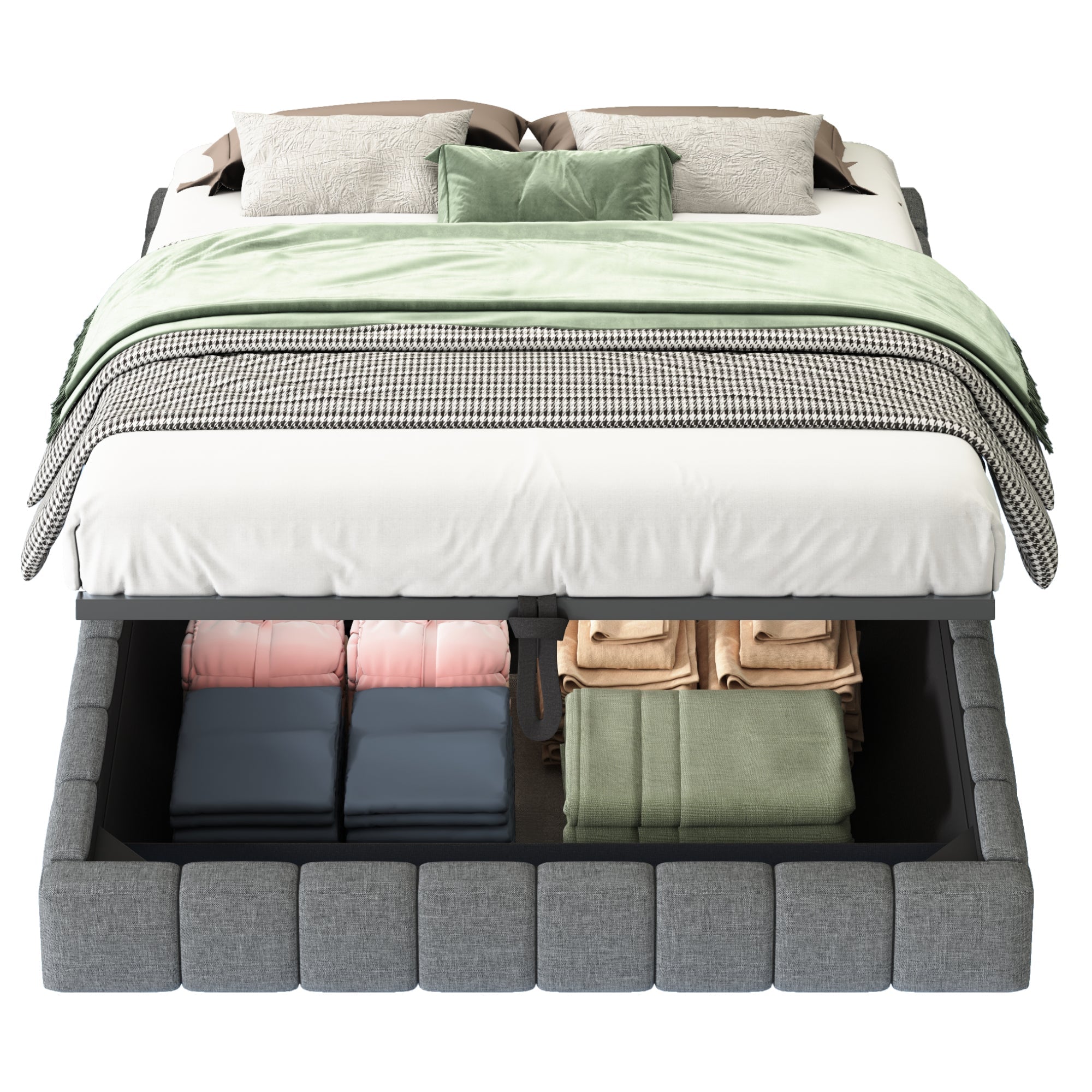 Upholstered Bed, 140x200 cm Hydraulic Floating with Storage & LED Light, Linen Grey