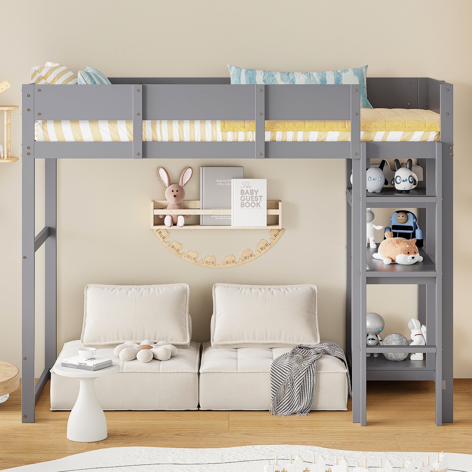 Loft Bed with Storage and Slatted Base, 90x200cm, Grey Pine Wood