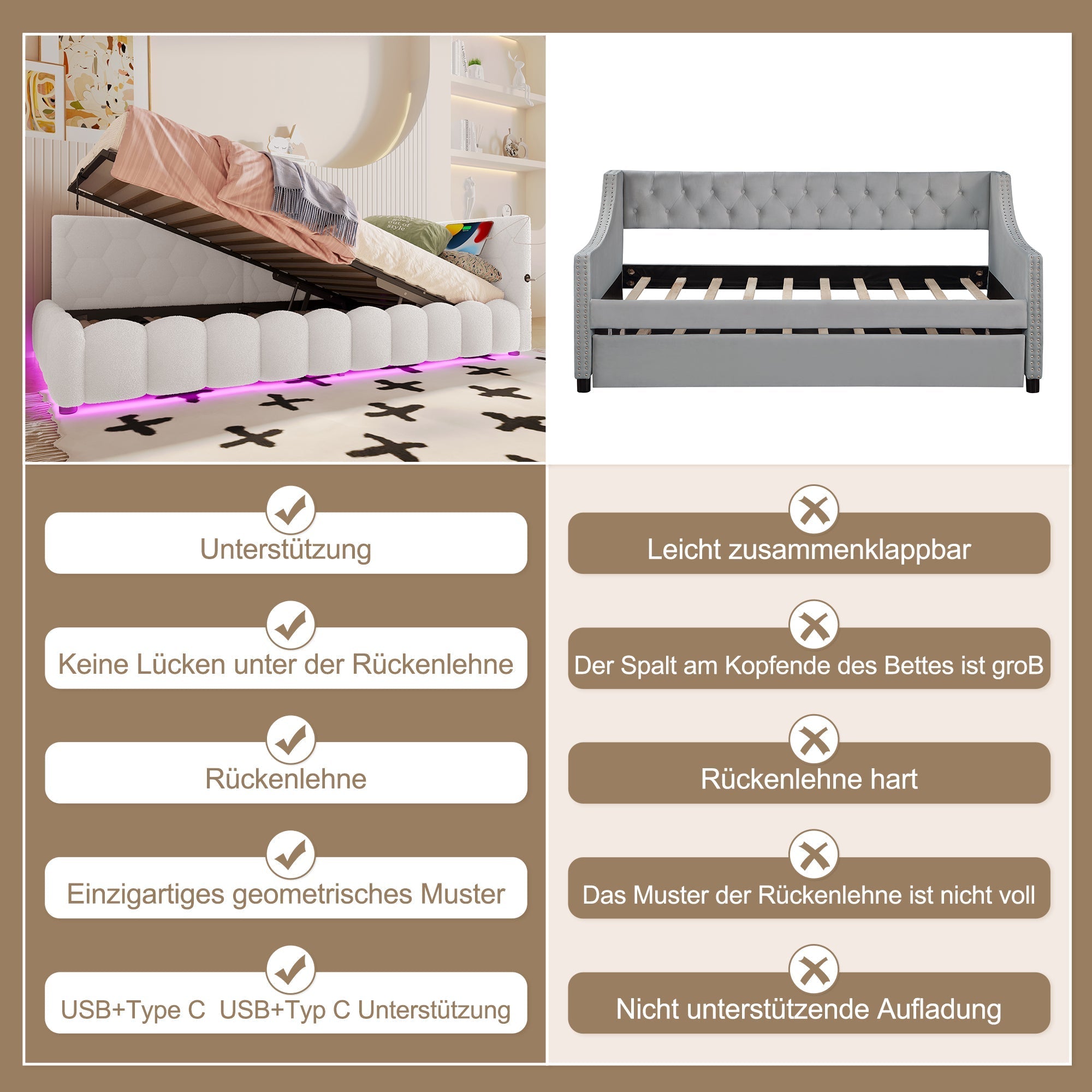Daybed Sofa Bed 90x200cm Hydraulic Storage LED USB/Type-C - Imitation Fleece White