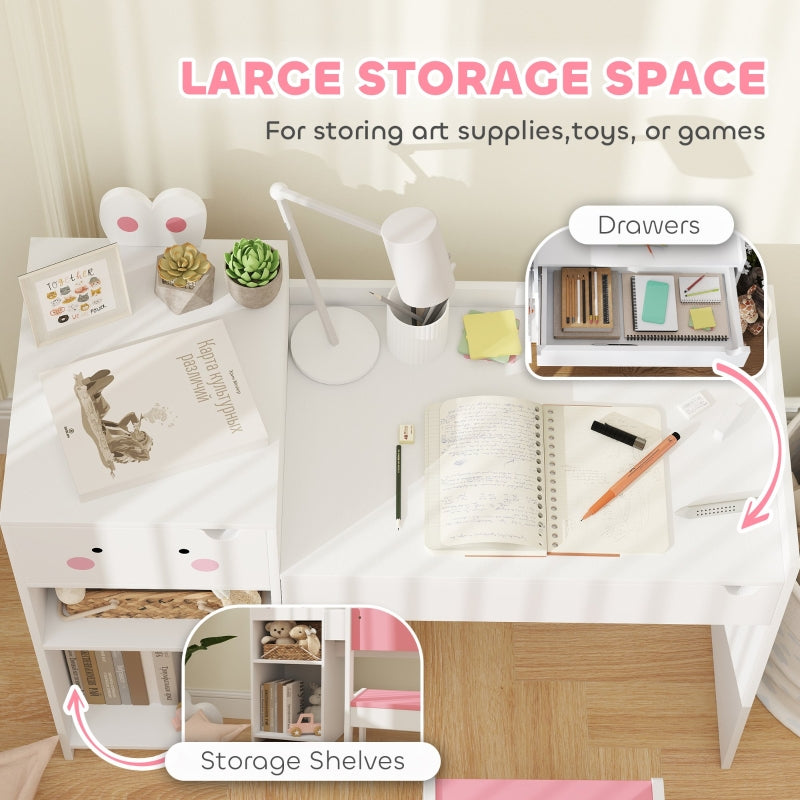 Rabbit-Themed Kids Desk and Chair Set with Bookcase, Drawers, and Shelves, White/Pink