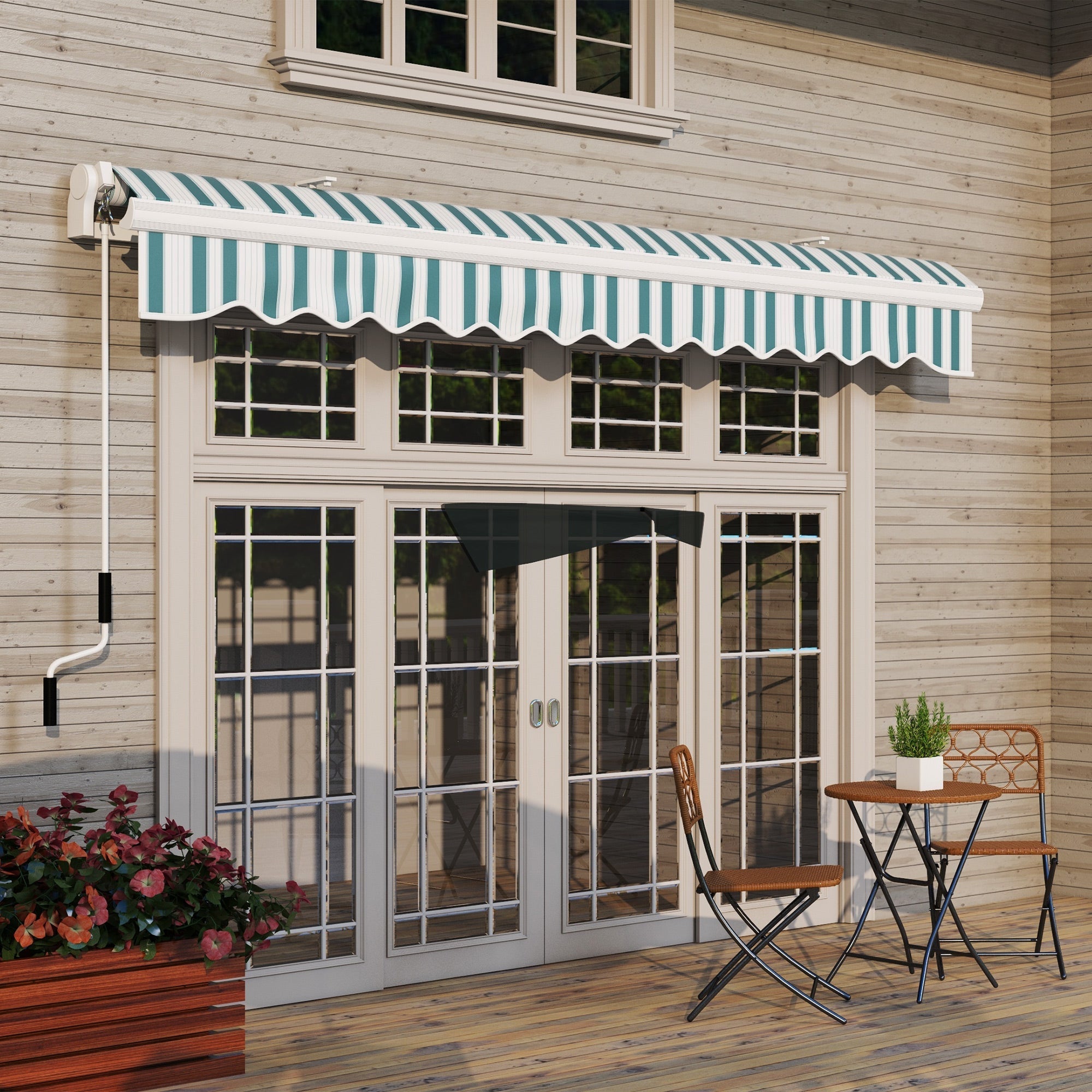 Manual Folding Arm Awning, 4m Wide Hand Crank Sunshade Wall-Mounted, Aluminum White and Green