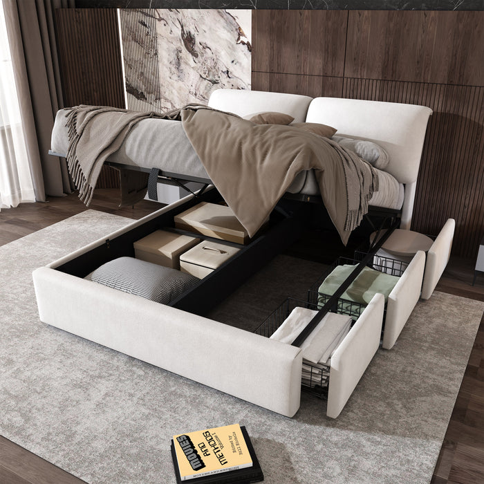 Upholstered Bed, 140x190, Hydraulic Base, 3 Drawers, Storage Chest, Slat Frame, Headboard, Velvet Beige