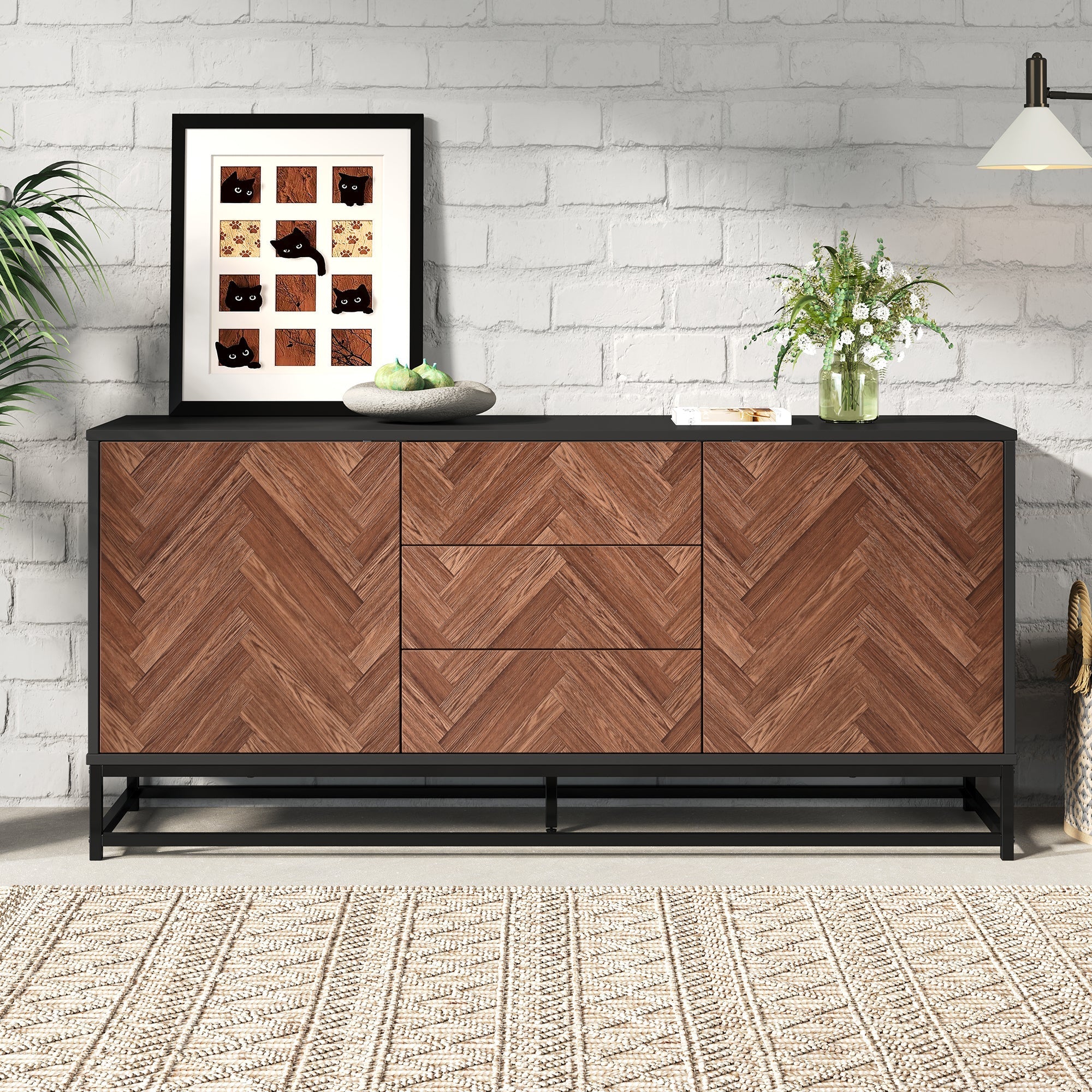 Living Room Sideboard 145cm 3 Drawers 2 Doors Adjustable Dividers - Wood/Black