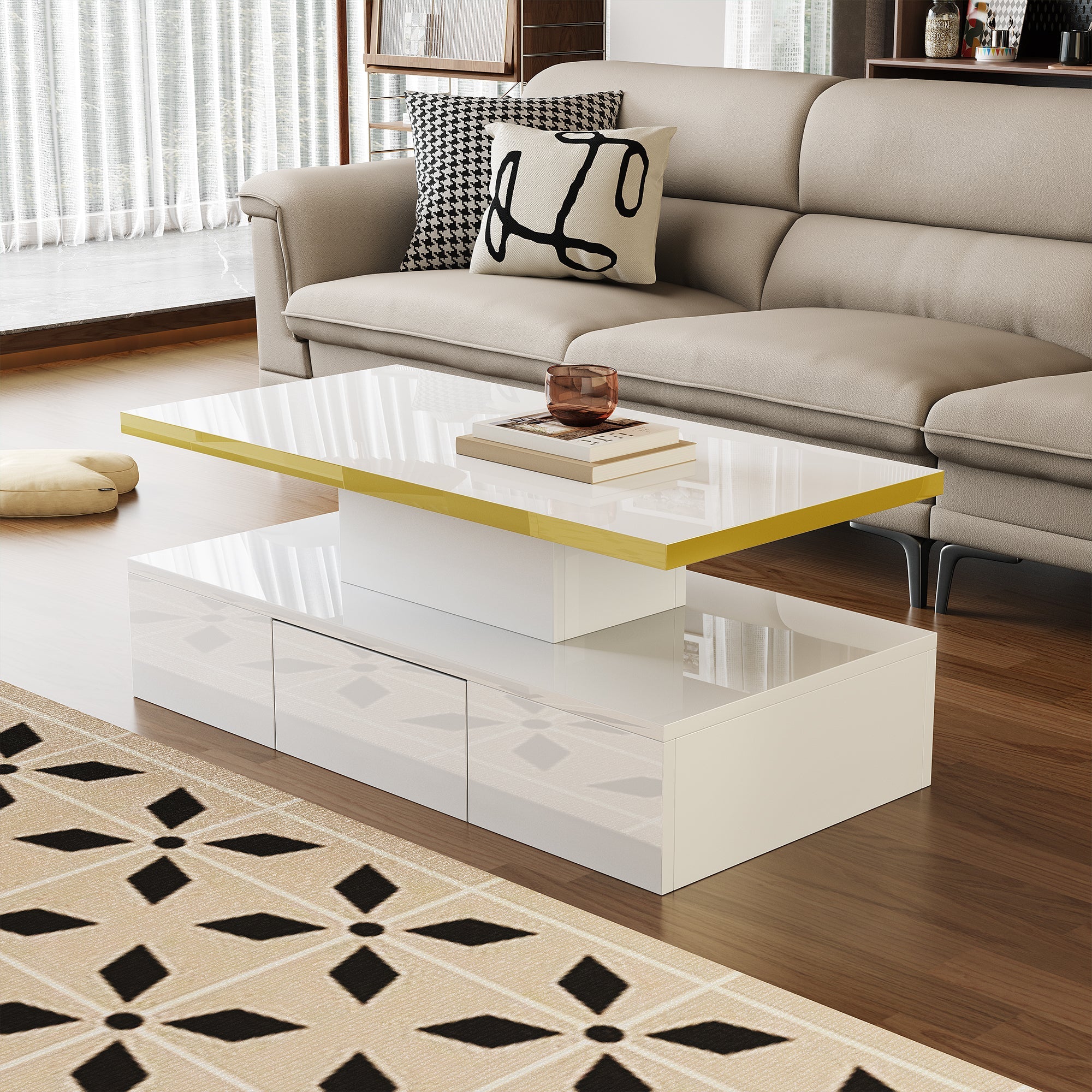 Coffee Table with Drawers, High-Gloss Lacquer Finish, Two Shelves, LED Light