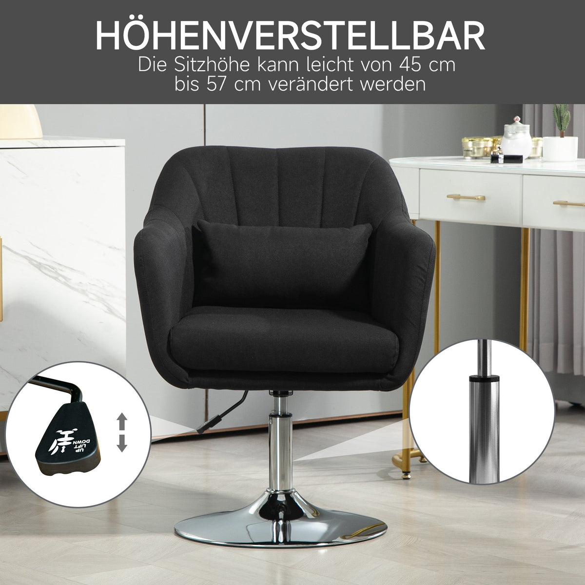 Armchair Recliner with Armrests Lumbar Cushion Swivel Metal Frame, Linen Look Black