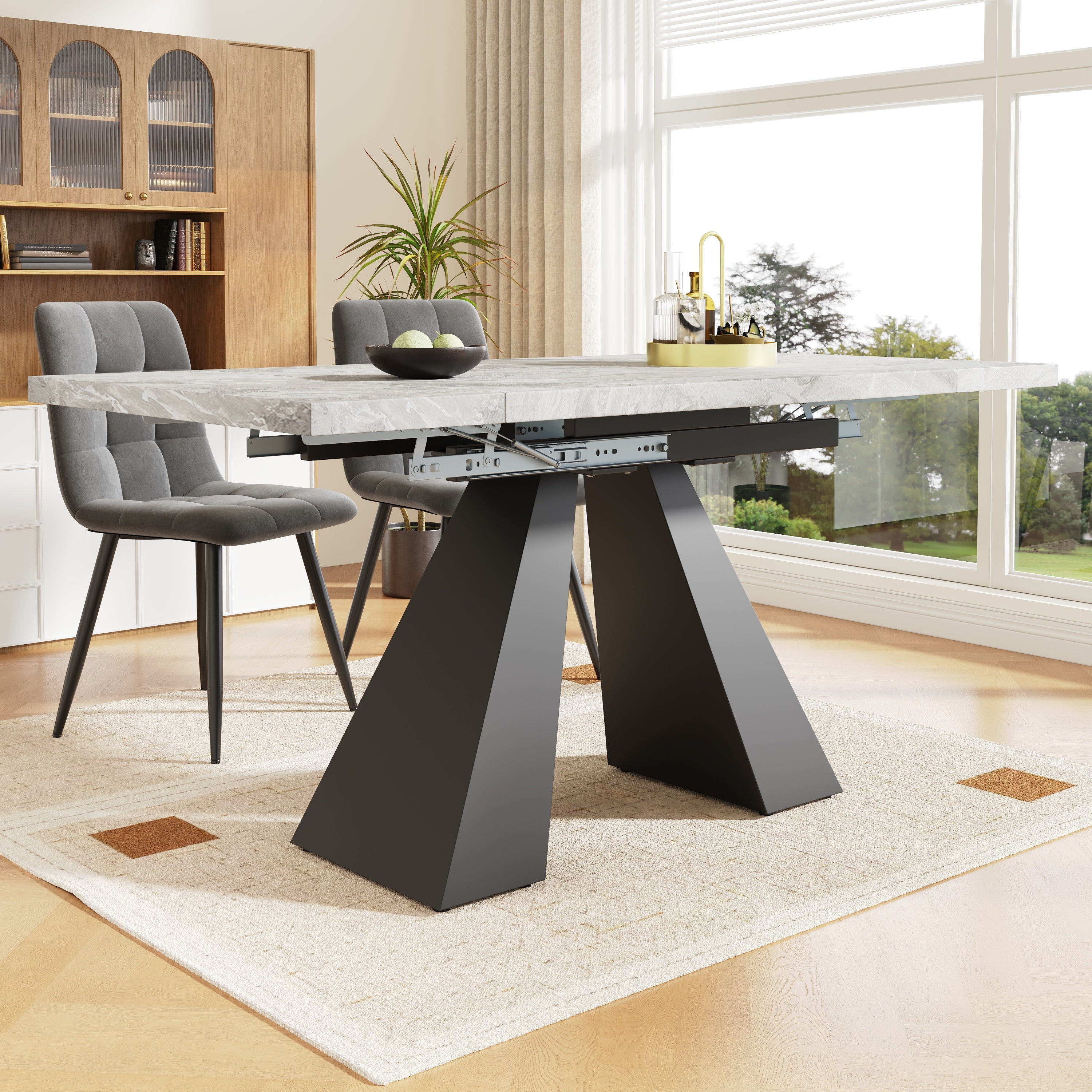 5-Piece Dining Set Extendable Table 4 Velvet Chairs - Grey/Black