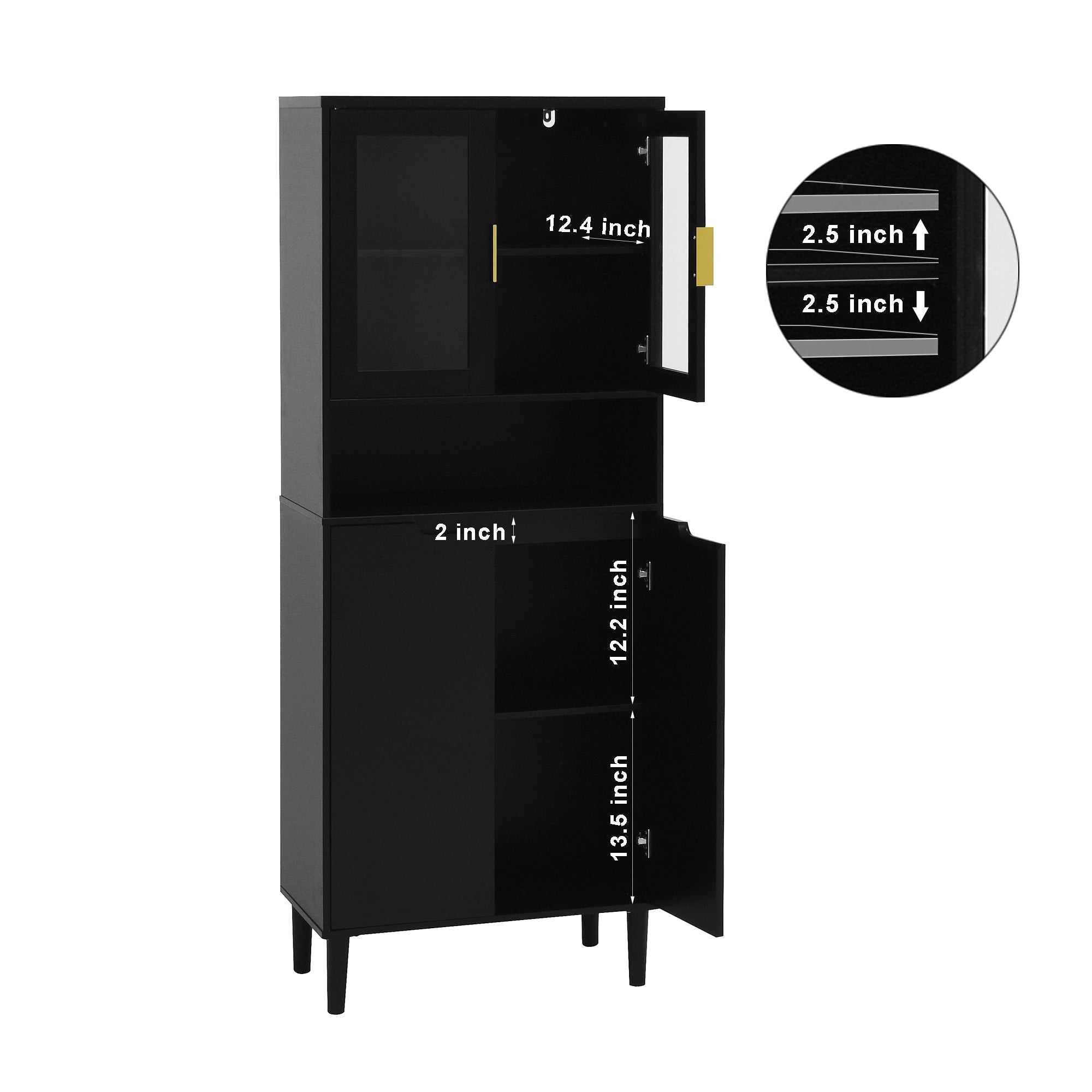 Tall Bookcase 4-Door Storage with Tempered Glass and Adjustable Shelf - Black MDF