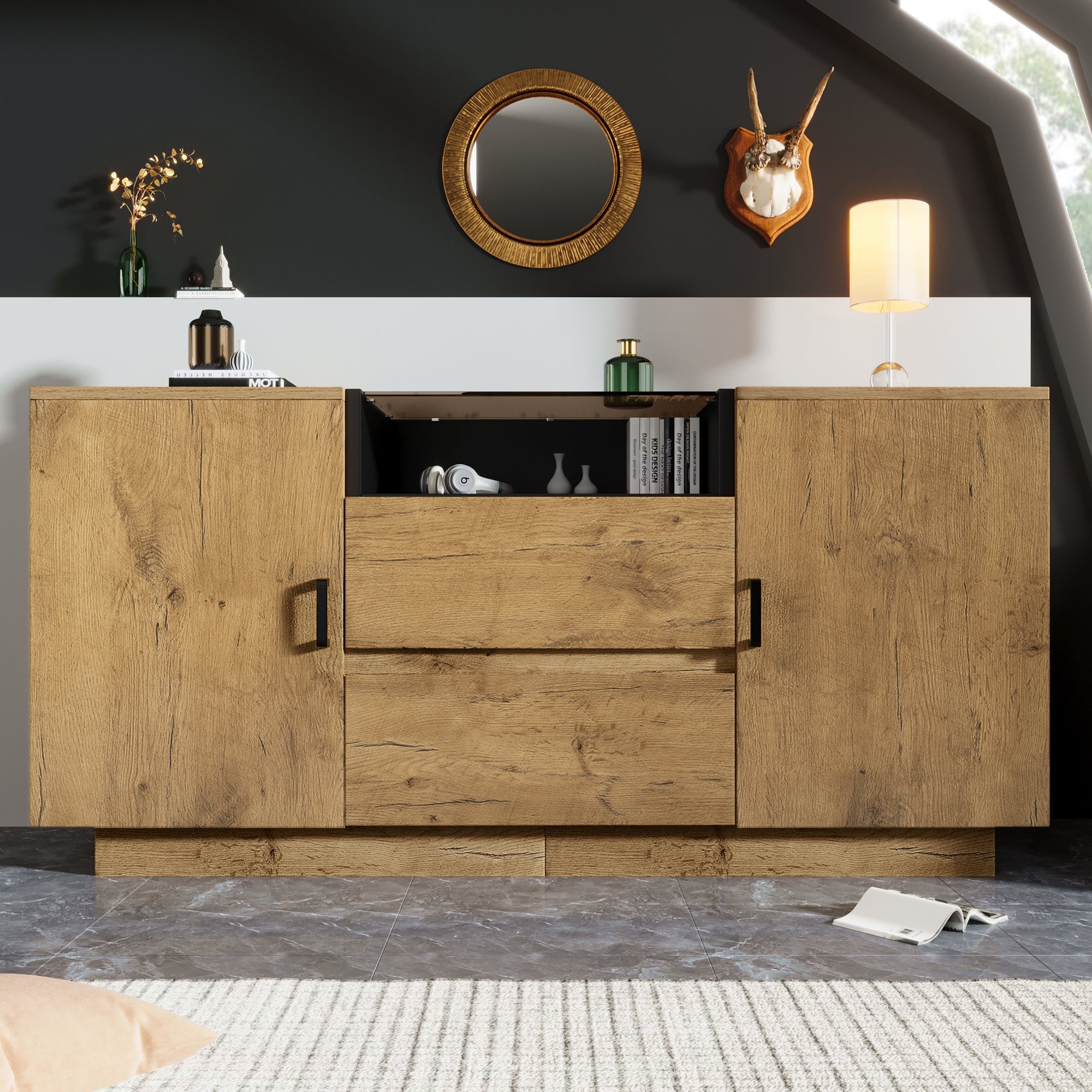 Chest of Drawers Sideboard, 2 Drawers, 2 Cabinets, Open Compartment, Oak-look with Black Handles