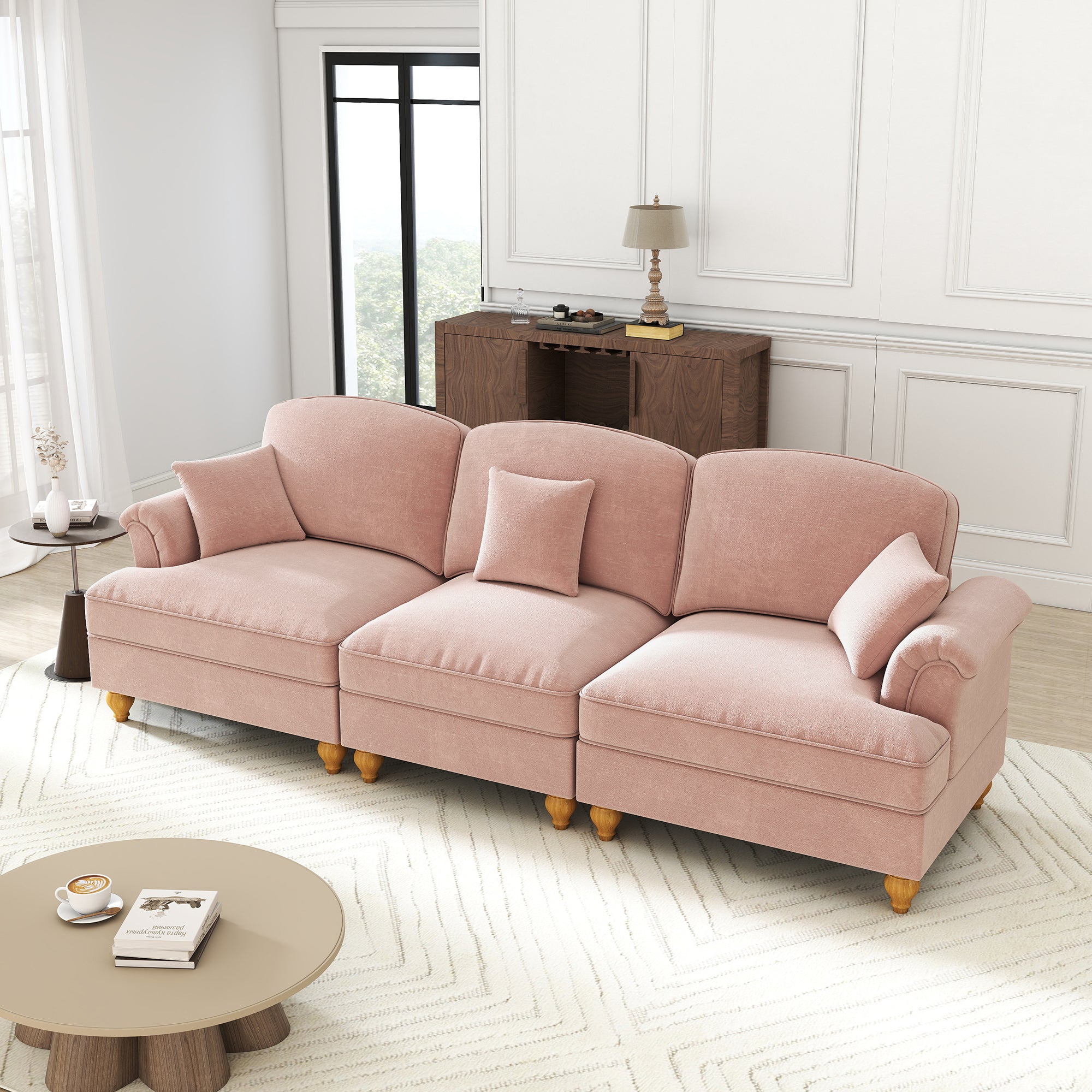 3-Seater Sofa Mid-Century Ruffled Apron Spindly Legs - Chenille Pink