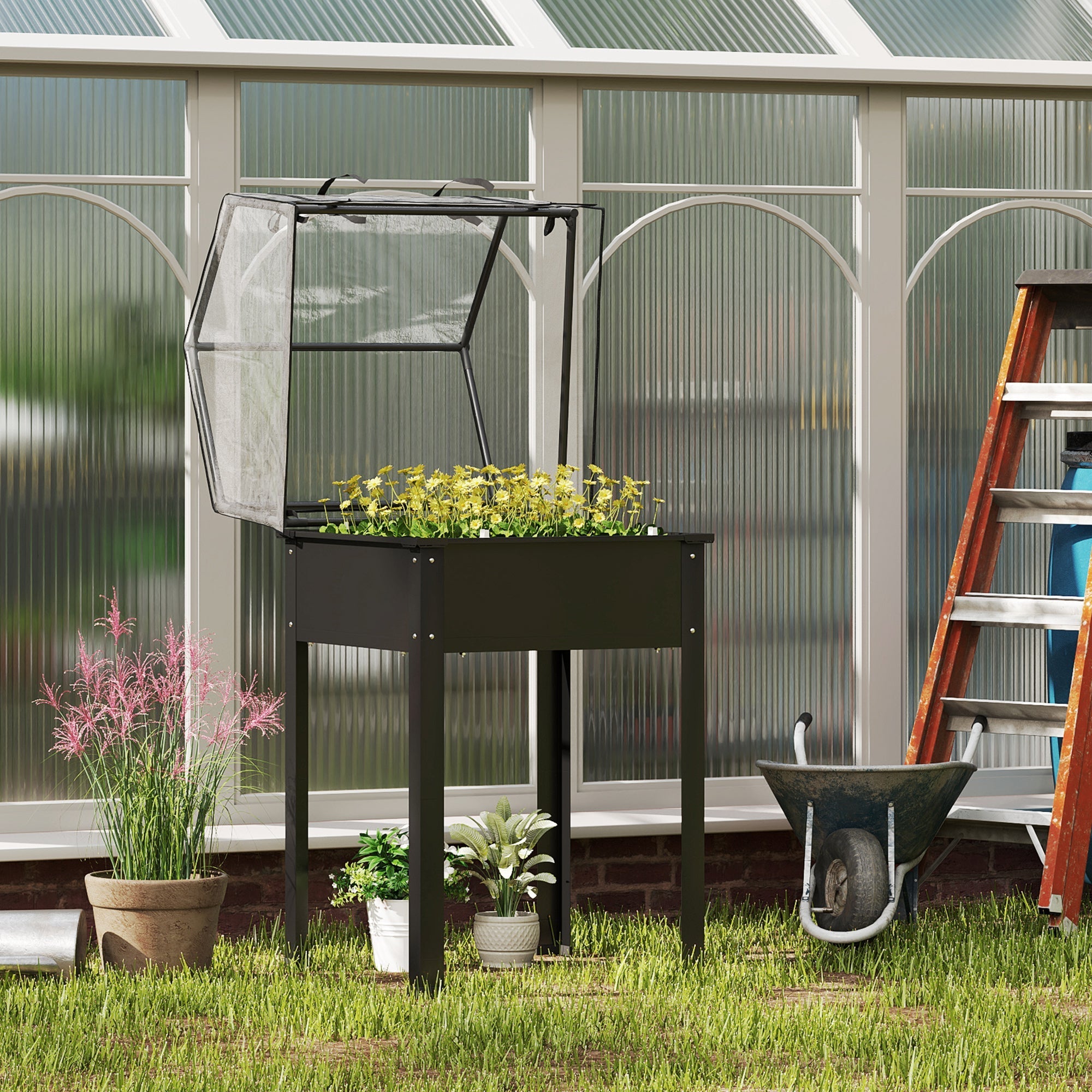 Raised Garden Bed with Cover, Elevated Herb Planter & Drainage Holes, Metal Black
