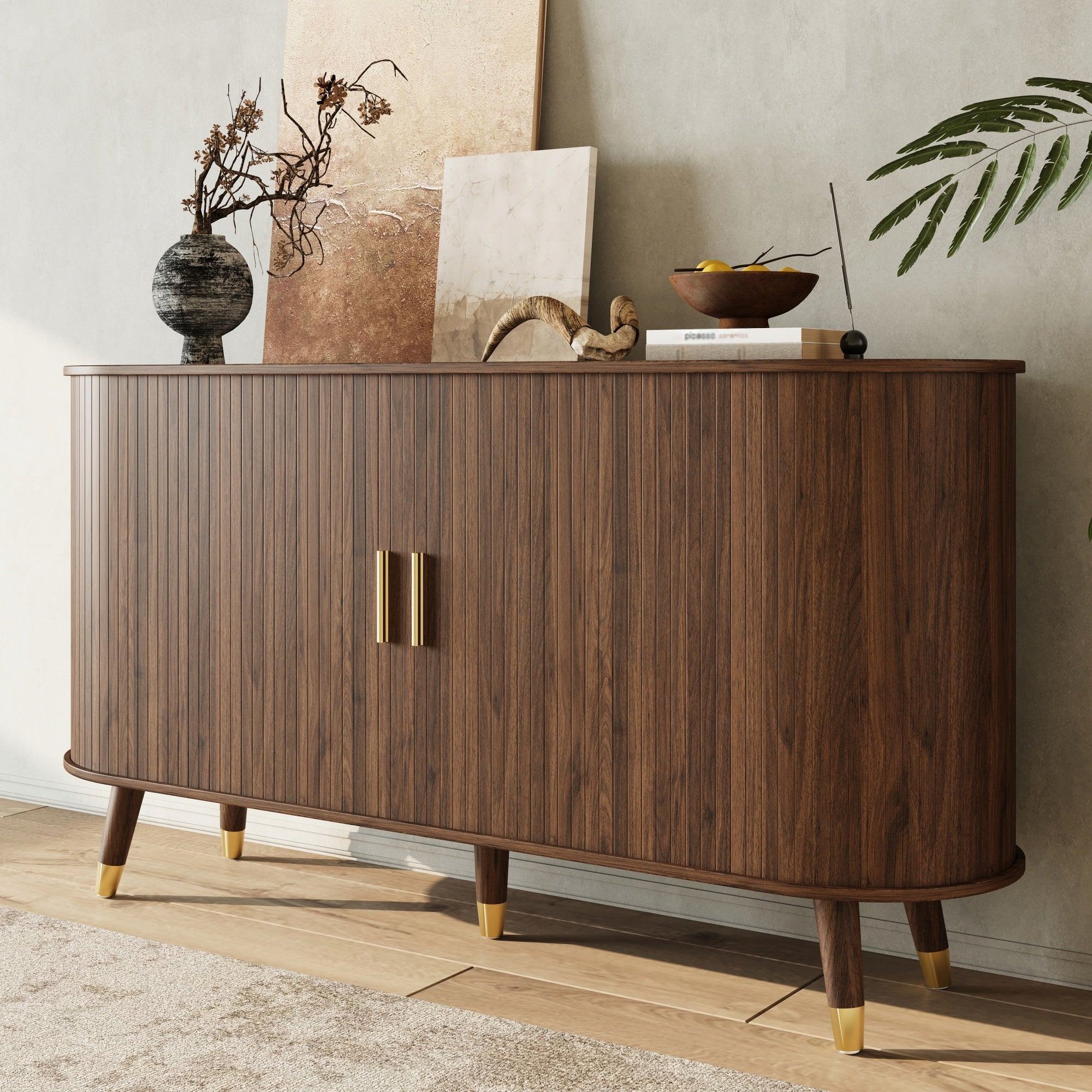 Sideboard with Sliding Doors, Drawers and Rounded Corners, Solid Wood Legs