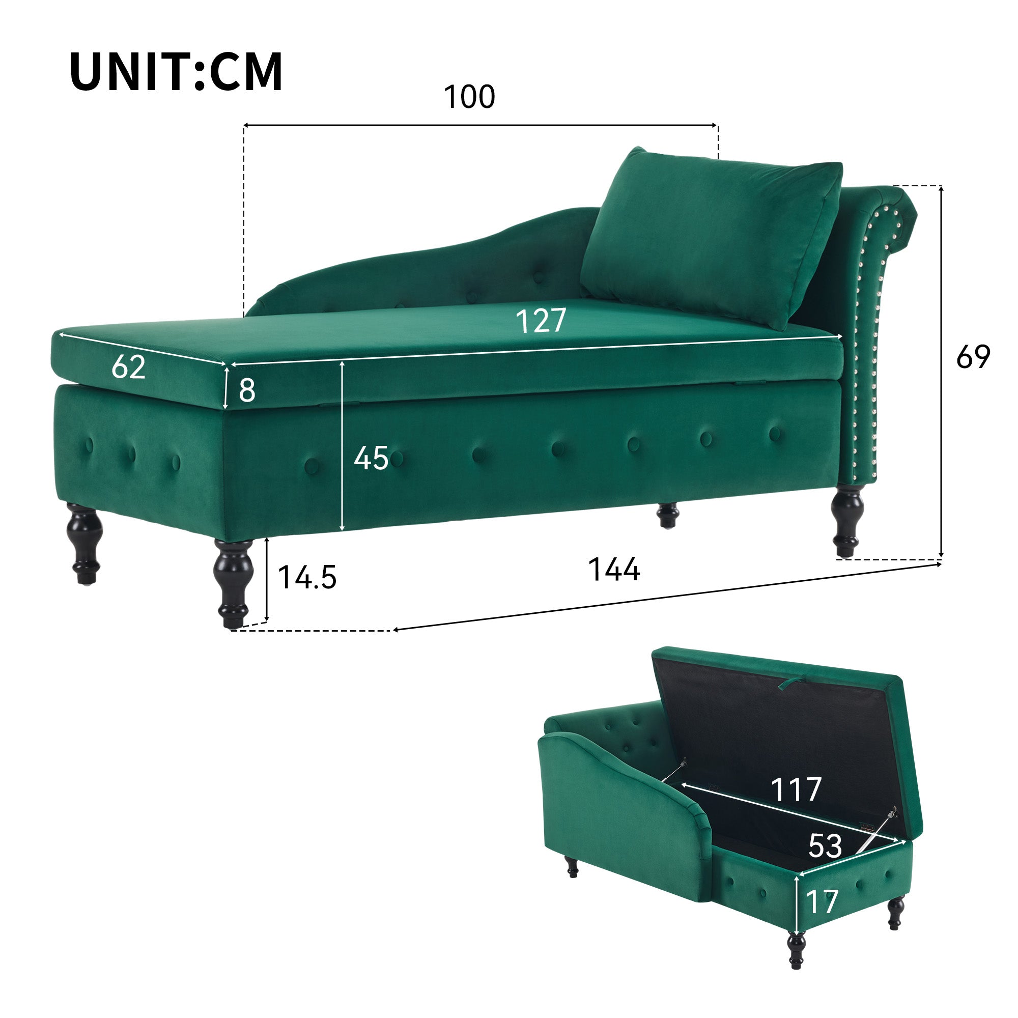 Velvet Chaise Lounge Sofa with Storage, Upholstered, Modern Nailhead-Trim & Button-tufted, Right Armrest