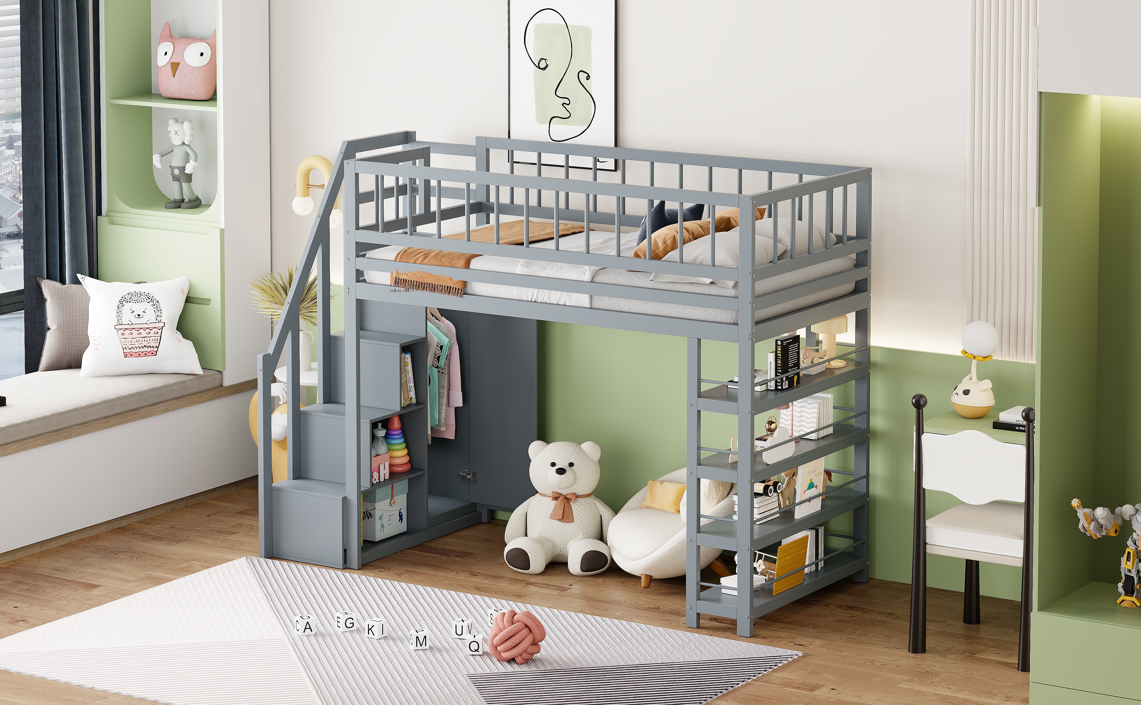 Loft Bed, 90 x 200, Wardrobe, Shelves, Storage, Safety Ladder, Solid Wood, Grey