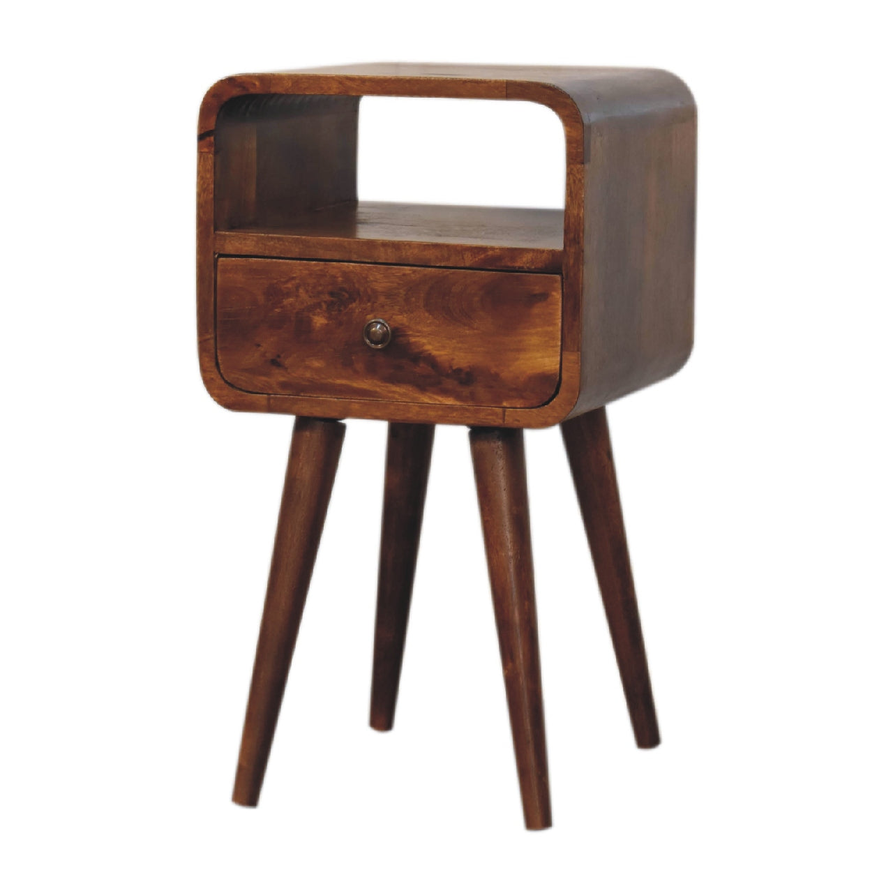 Solid Wood Mini Chestnut Curve Open Bedside with 1 Drawer and Open Shelf, Dark Brown