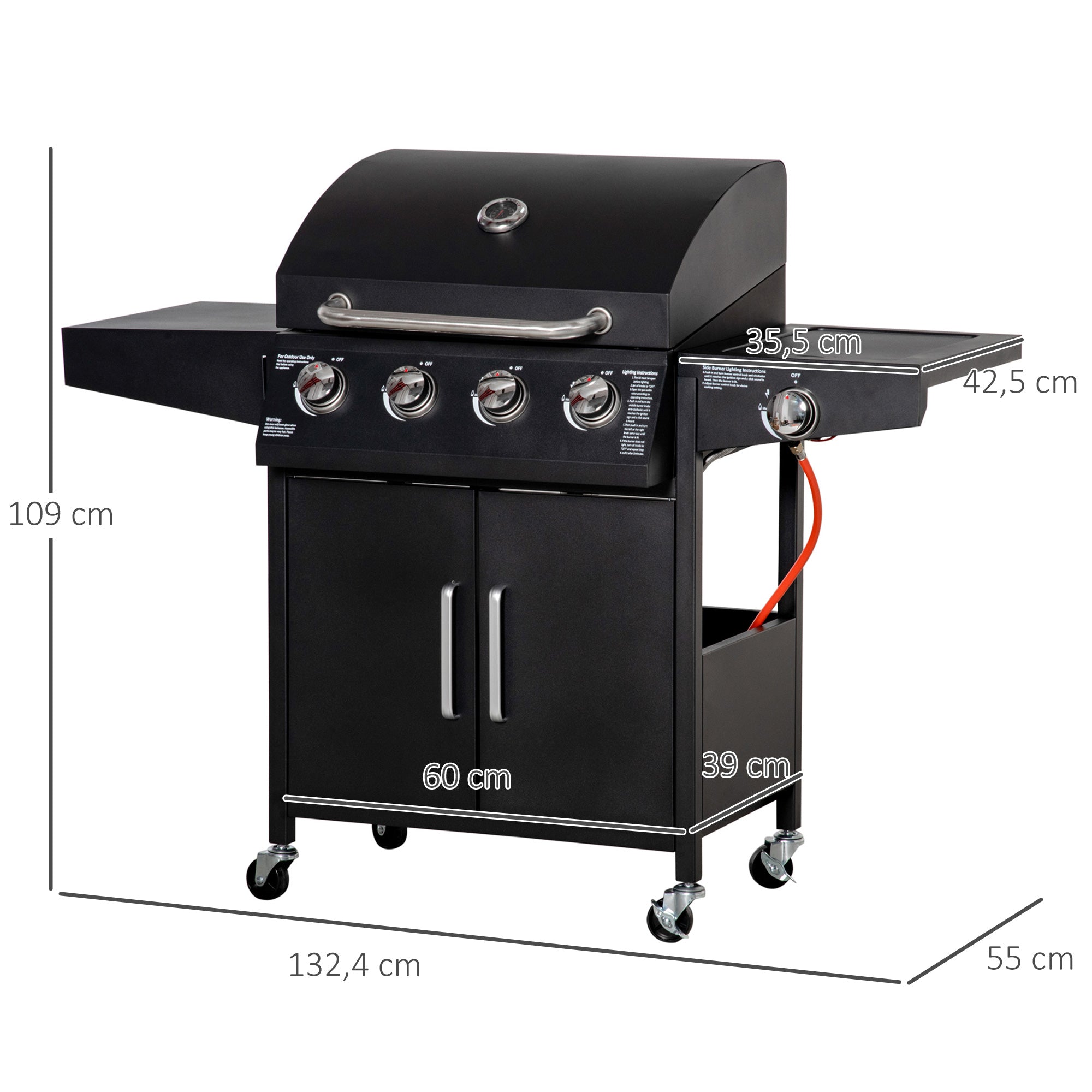 Gas BBQ Grill, 3 Burners 3kW Mobile Cart Side Tables, Metal