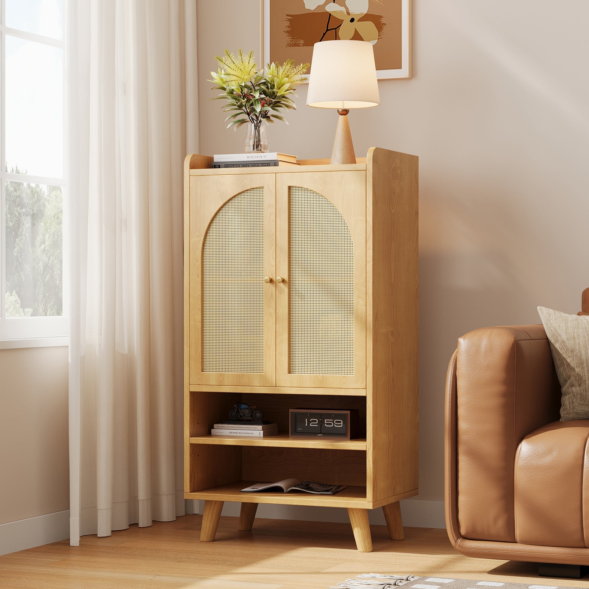 Rattan Sideboard Highboard with 2 Doors and Open Storage Rattan