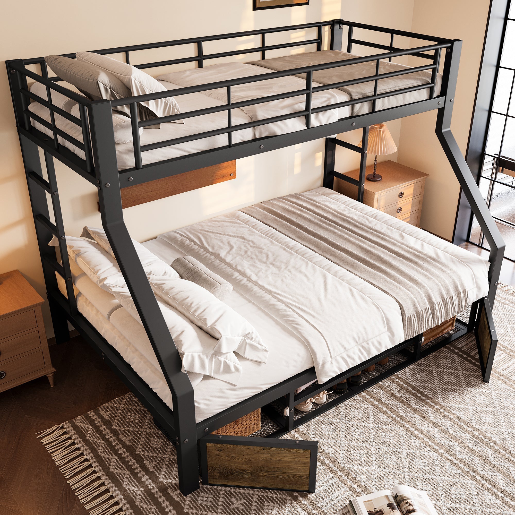 Bunk Bed for Children with Shoe Rack, Storage Compartments and Safety Rails, Black