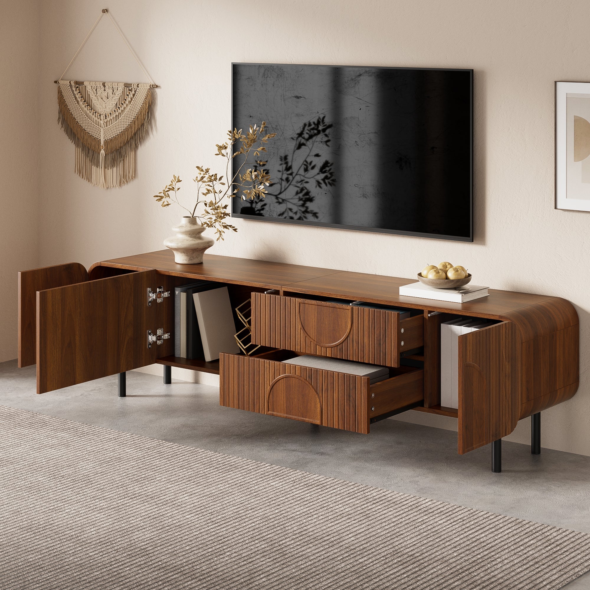 TV Cabinet with 3 Doors, 2 Drawers and Vertical Grooves, Mid-Century Style with Metal Legs