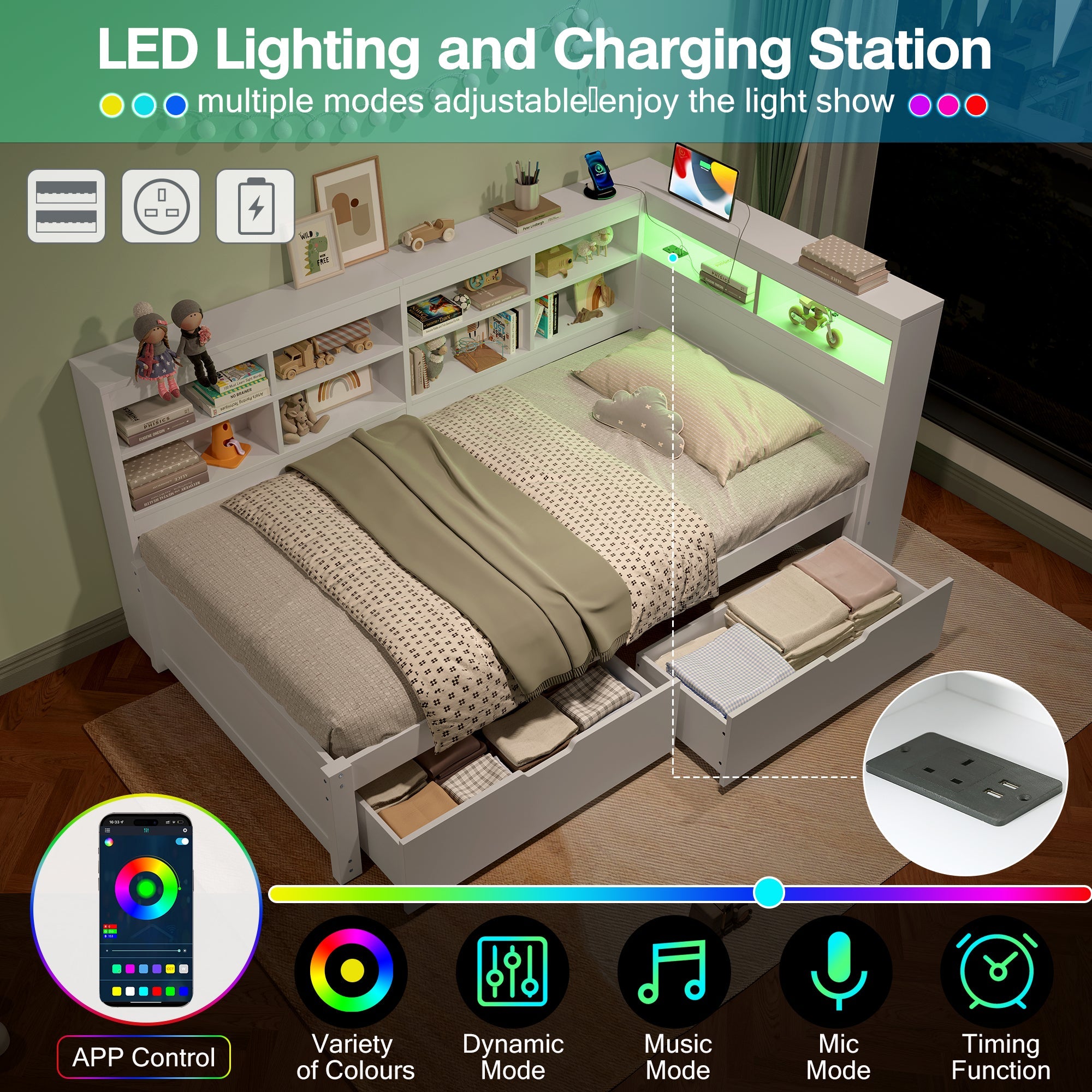 3ft Single Daybed, LED Bed Frame w/ Storage Drawers & Charging Station, Wood, White