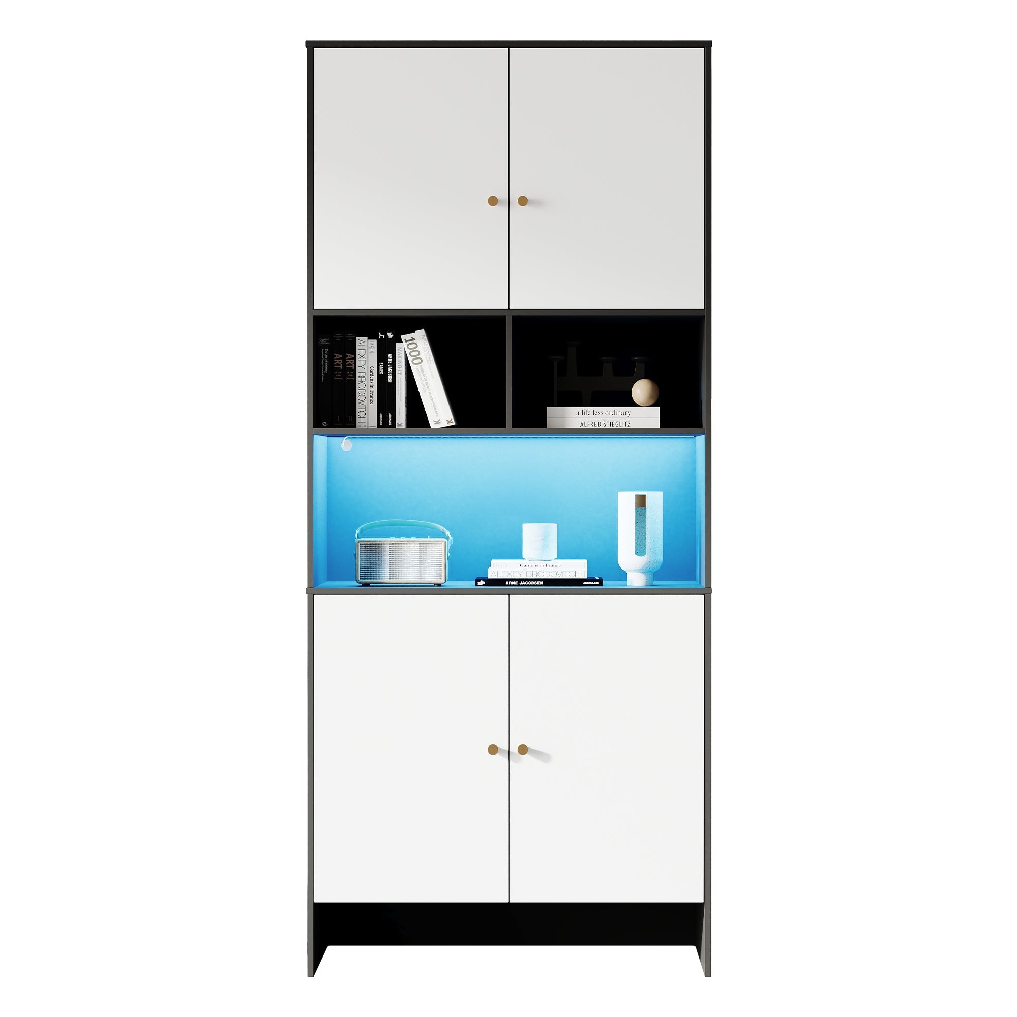 Multi-purpose Cabinet with 4 Doors and 3 Open Compartments, Black and White Wood