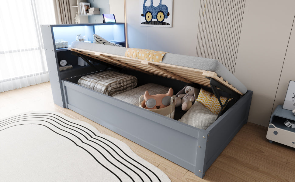 Sofa Bed 90*200, Hydraulic with Storage & Light Bar, Solid Wood, Gray