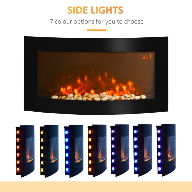 Led Wall Mounted Fireplace, Curved Glass Slimline 1000/2000W 7 Colour Side Lights, Electric Fire Place