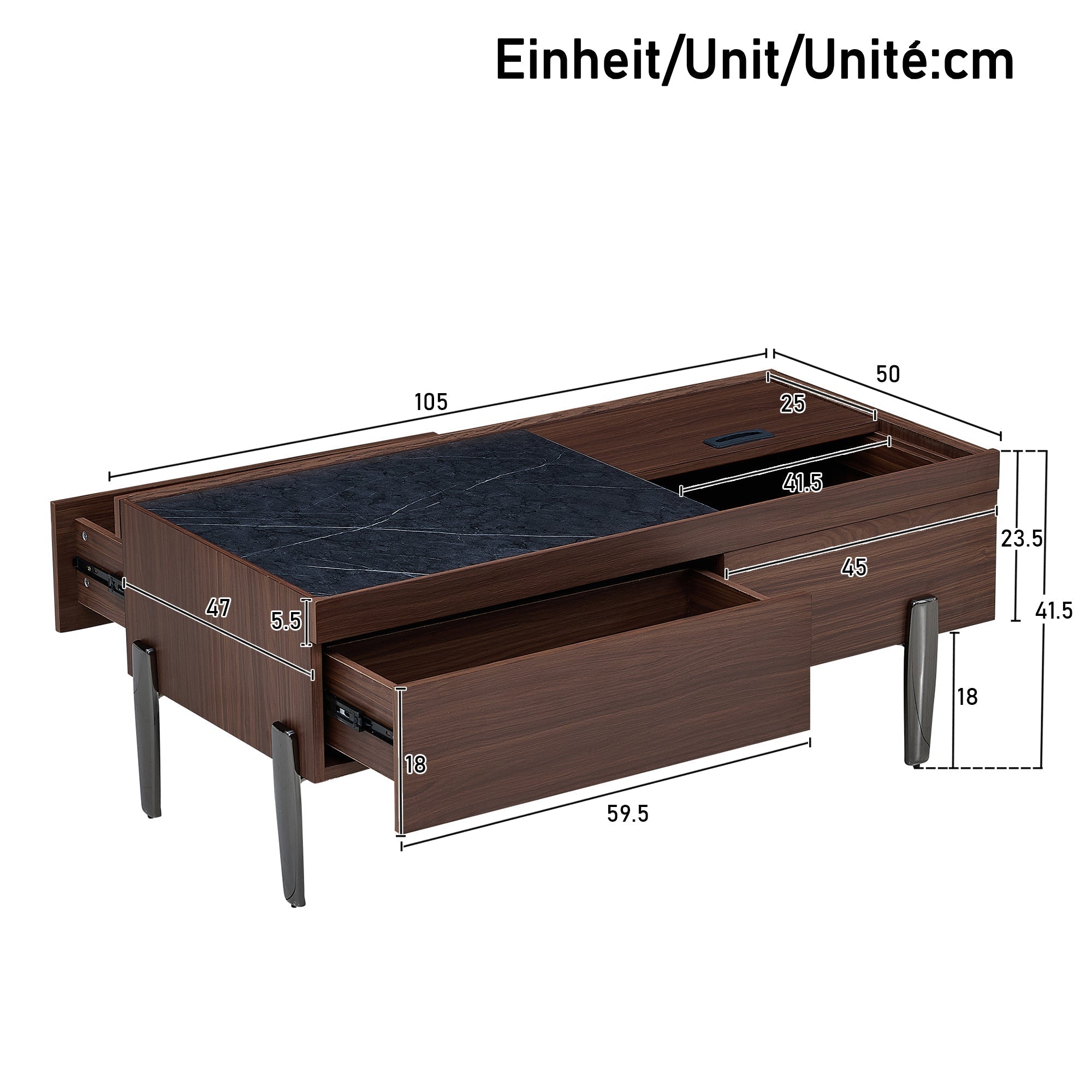 Moderner Couchtisch mit Schubladen, Glasplatte und Stauraum, dunkelbraunes Holz & Marmor-Optik