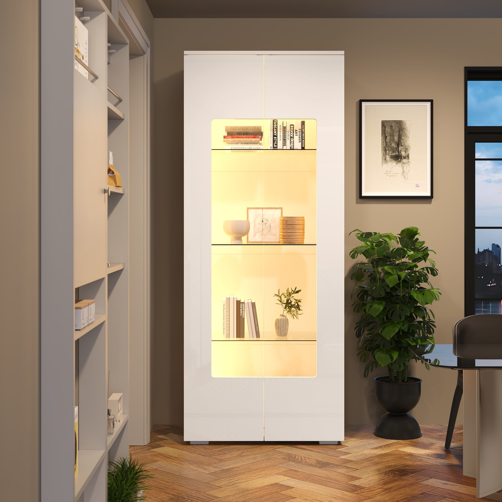 Living Room Display Cabinet, 2 Acrylic Doors, LED Light Strip, Tempered Glass, White MDF