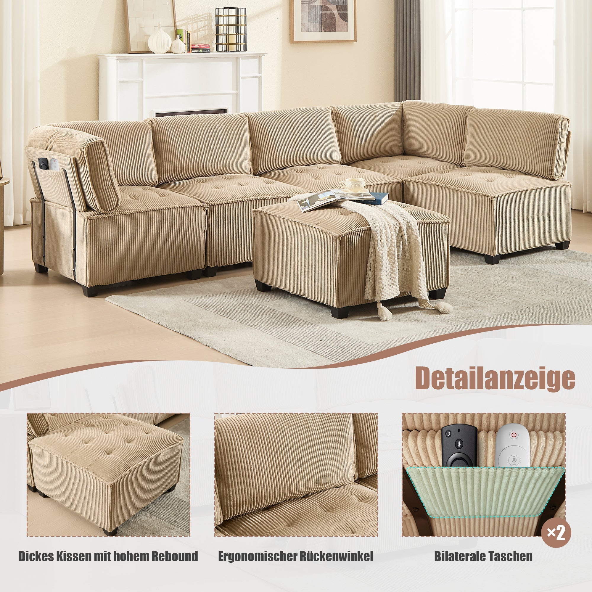 Modular Sofa 6-Seater Convertible Sleeper with Storage Pockets, Corduroy Khaki