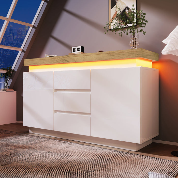 Chest of Drawers, High-Gloss Sideboard with 2 Doors & 3 Drawers, LED Lighting, White